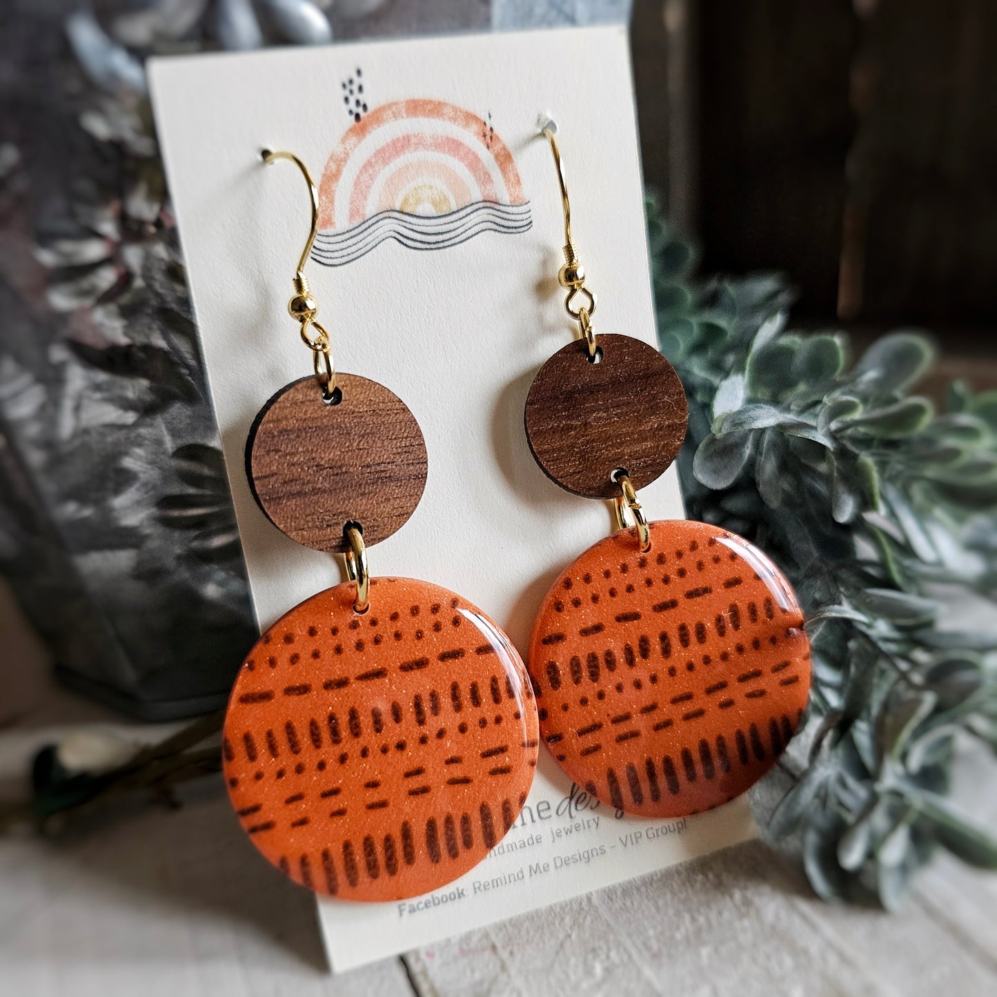 Burnt Orange and Walnut Polymer Clay Dangle Earrings