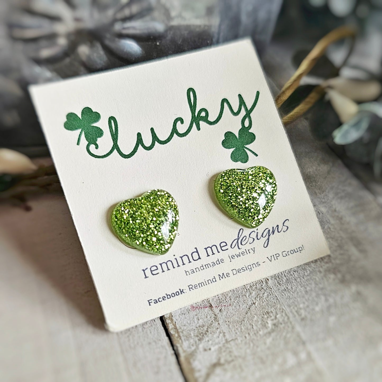 Bright Green Glitter Heart Stud Earrings