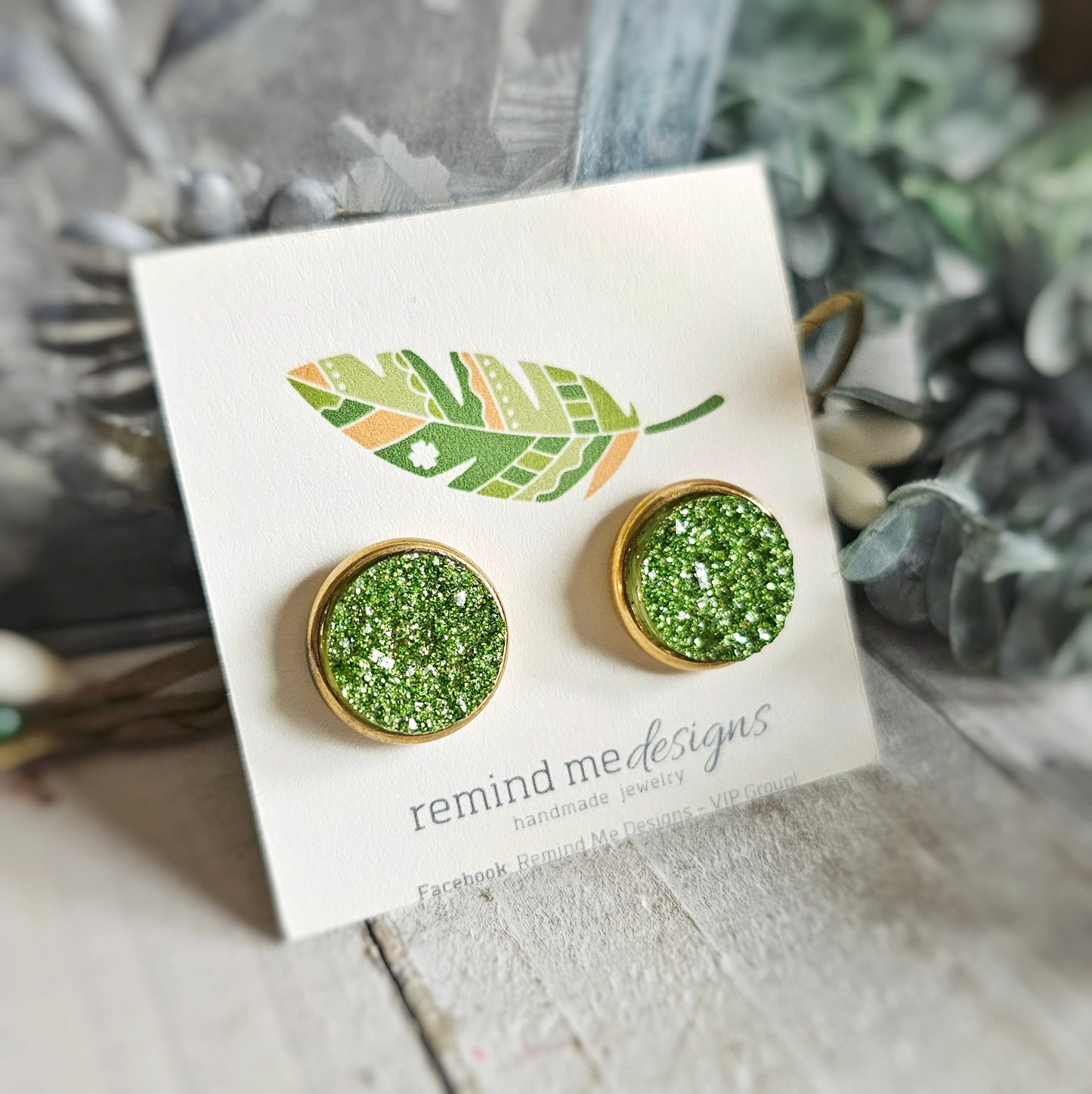 Bright Green Glitter Druzy Stud Earrings