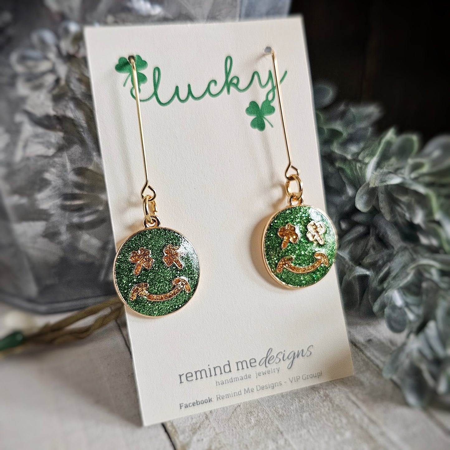 Green Smiley Face Charm Dangle Earrings