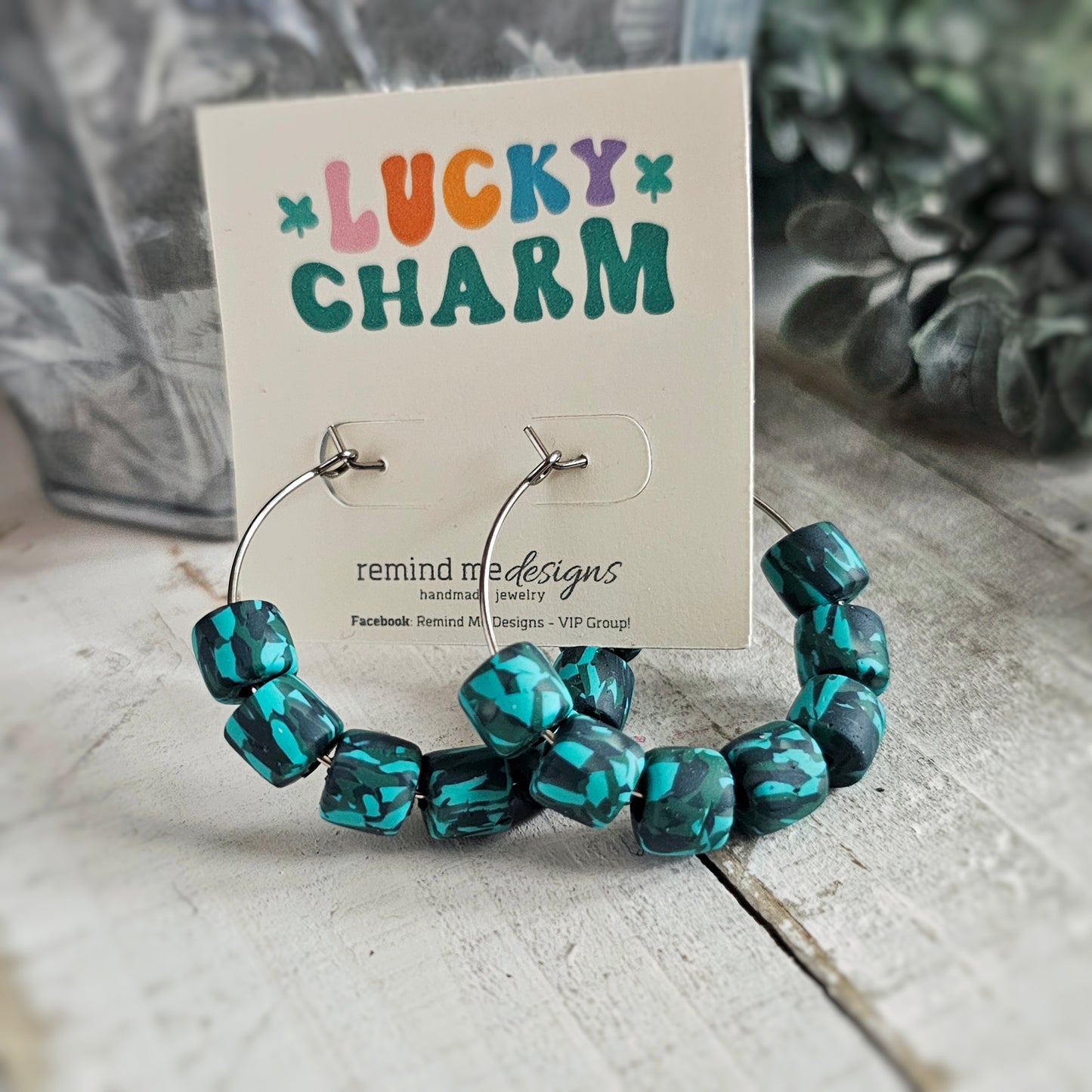 Green Teal Clay Beaded Hoop Earrings