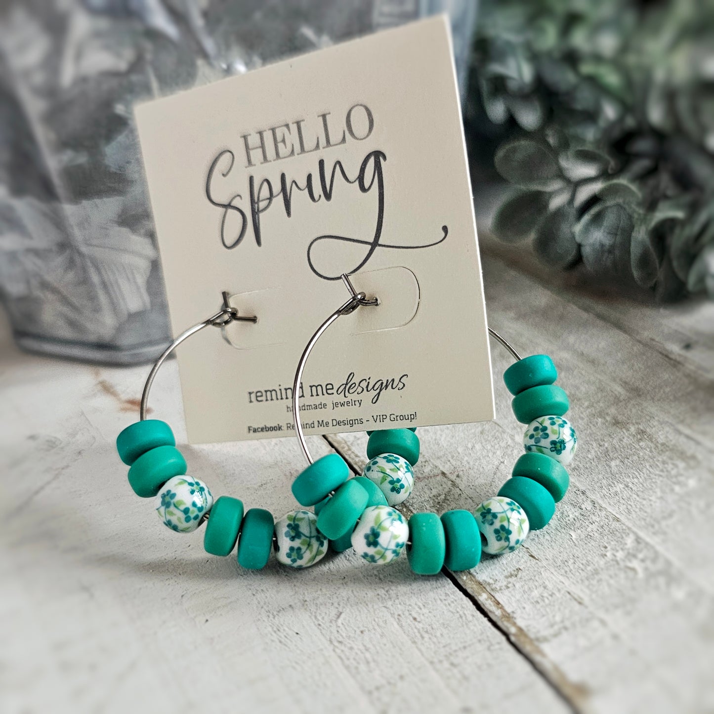 Green and White Floral Beaded Hoop Earrings