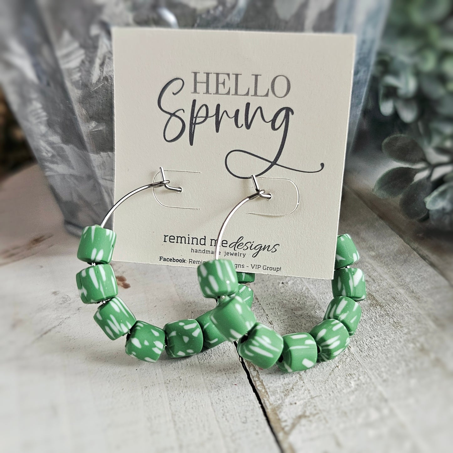Green and White Clay Beaded Hoop Earrings