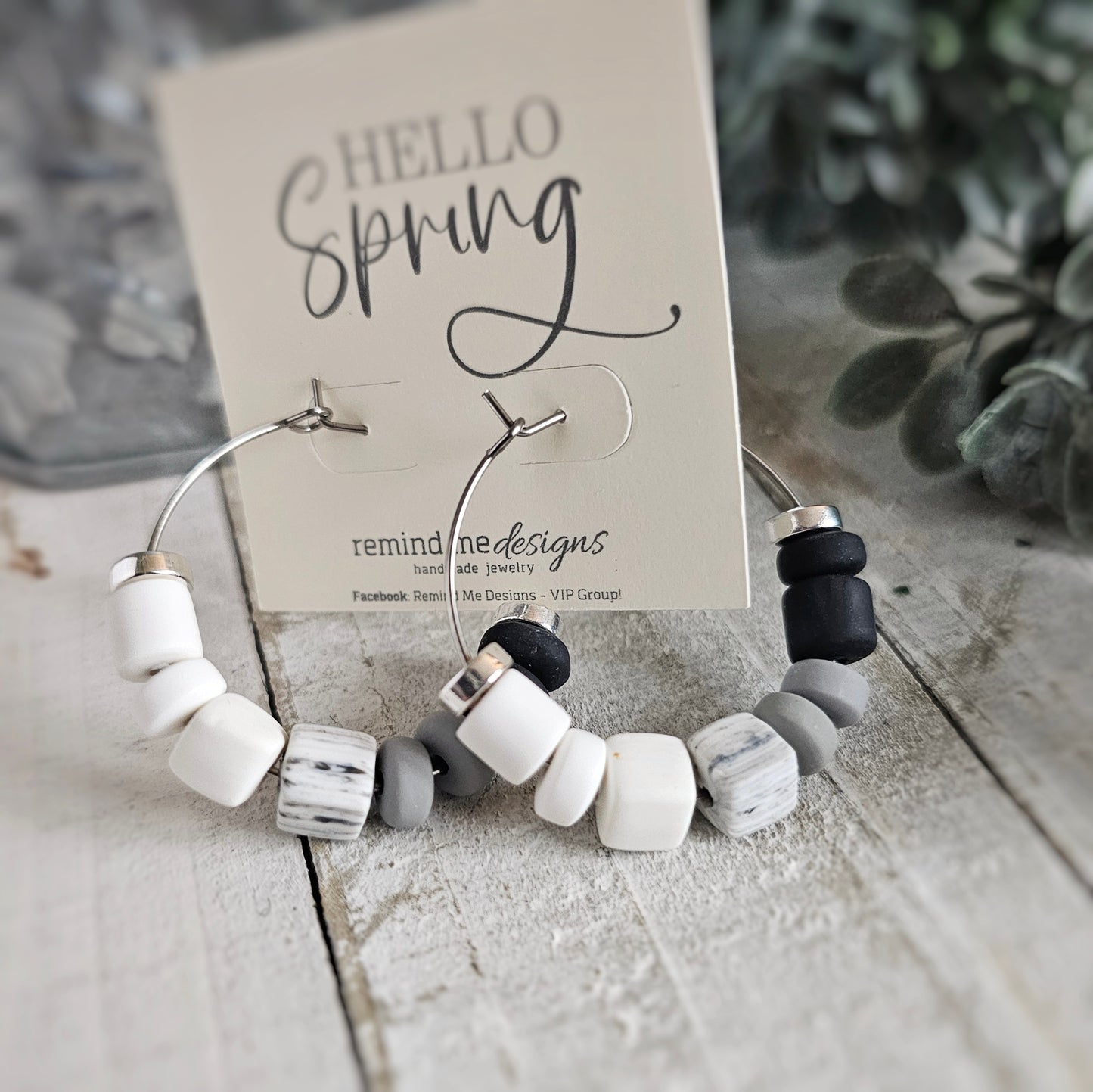 White Black Ombre Beaded Hoop Earrings