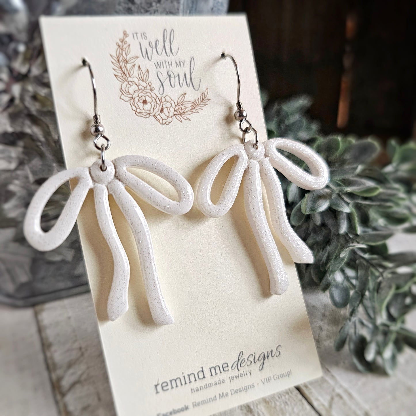 White Glitter Bow Polymer Clay Dangle Earrings