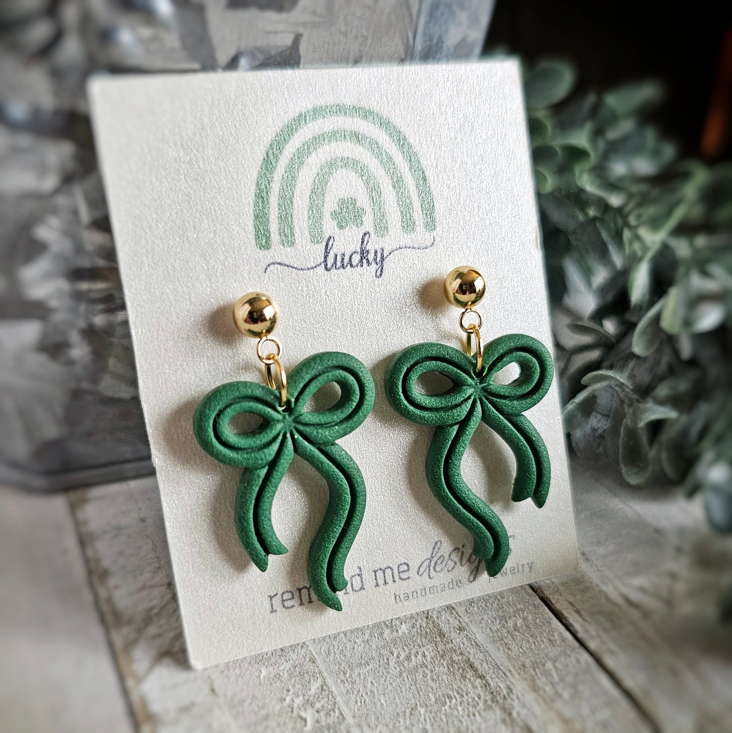 Green Bow Polymer Clay Dangle Earrings