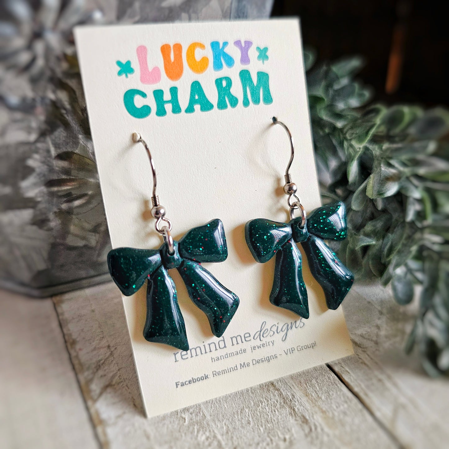 Dark Green Glitter Bow Polymer Clay Dangle Earrings
