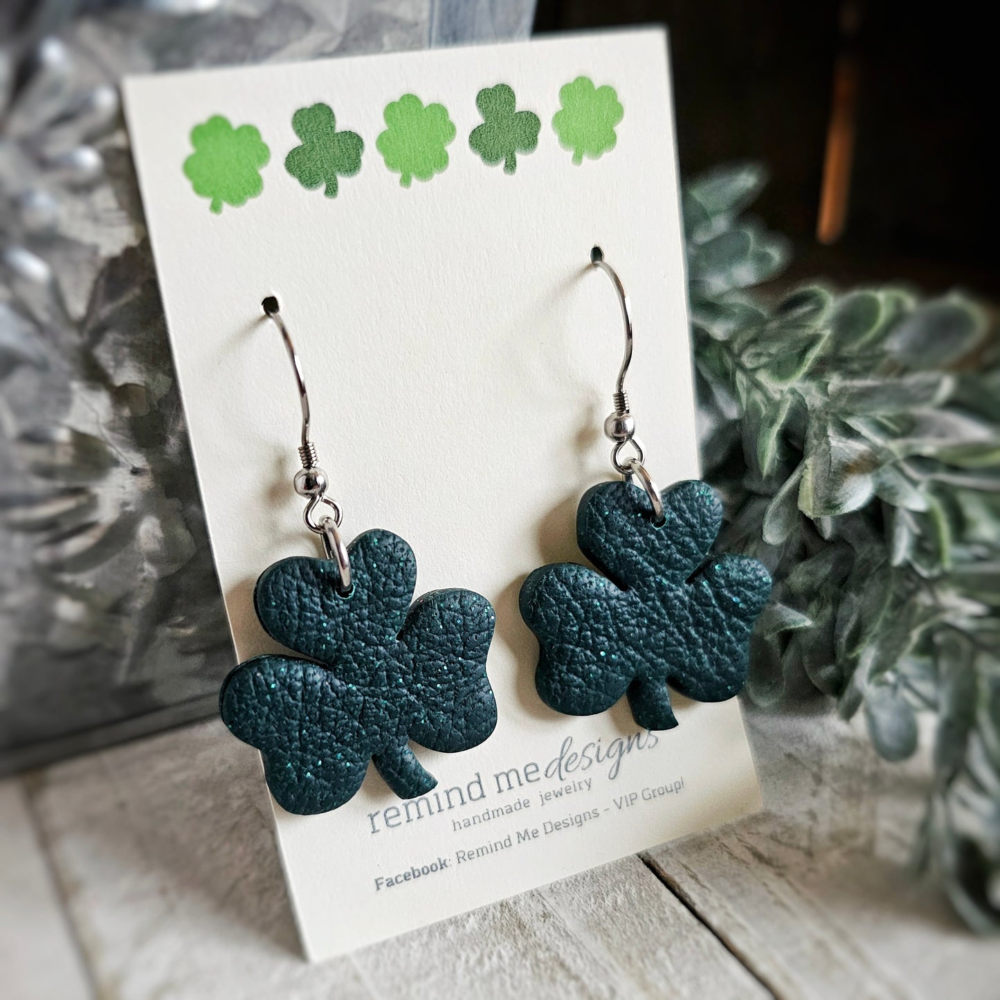 Dark Green Shamrock Clay Dangle Earrings