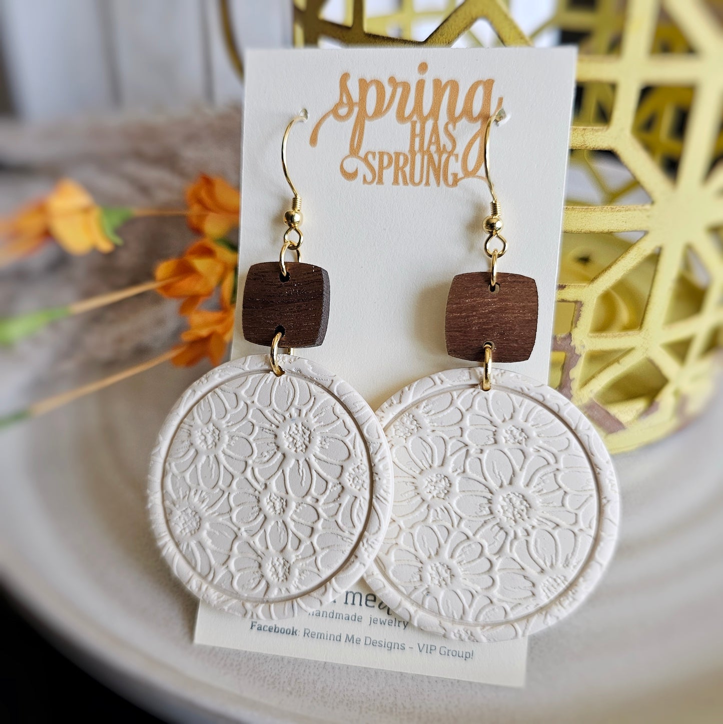 Walnut and Creamy Off-White Polymer Clay Dangle Earrings