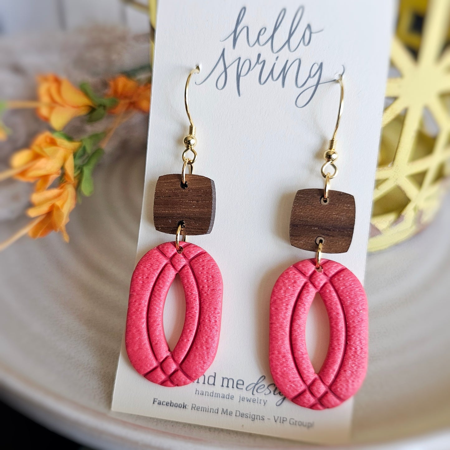 Walnut and Coral Pink Polymer Clay Dangle Earrings