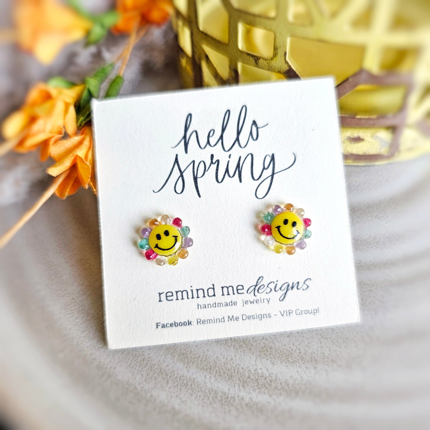 Flower Yellow Smiley Face Stud Earrings