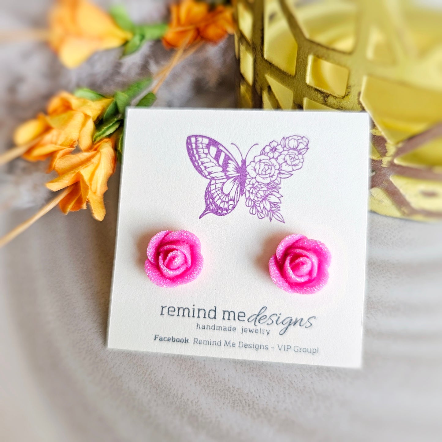 Glitter Bright Pink Resin Flower Stud Earrings