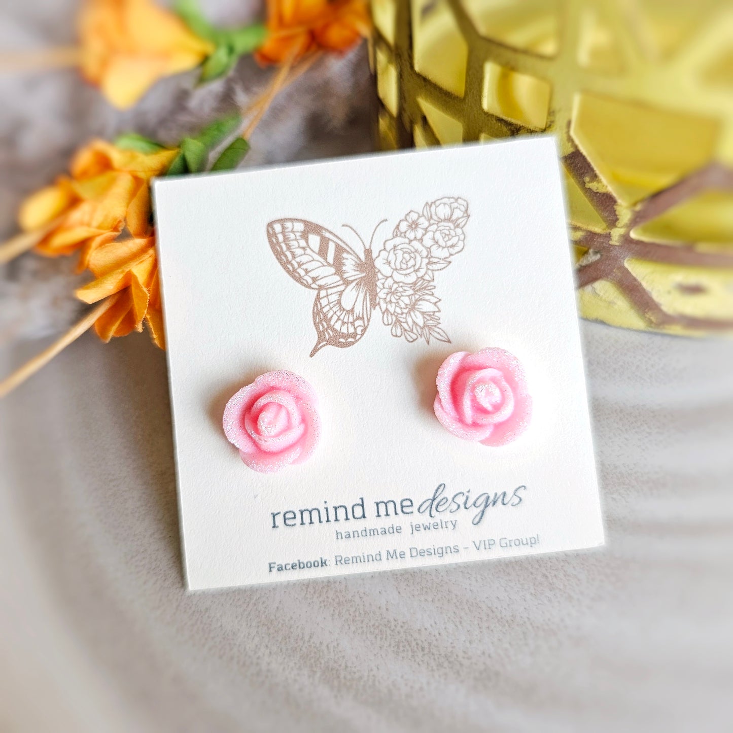 Glitter Light Pink Resin Flower Stud Earrings