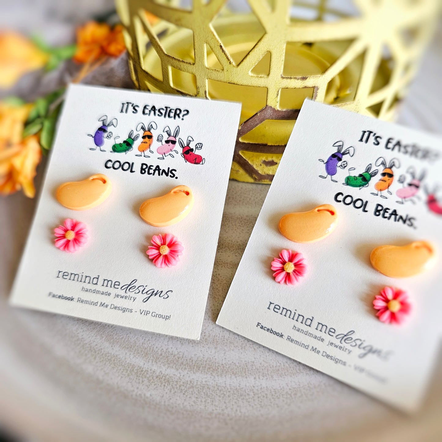 Pink Daisy Flowers and Bright Orange Jellybeans Clay Stud Earrings Set