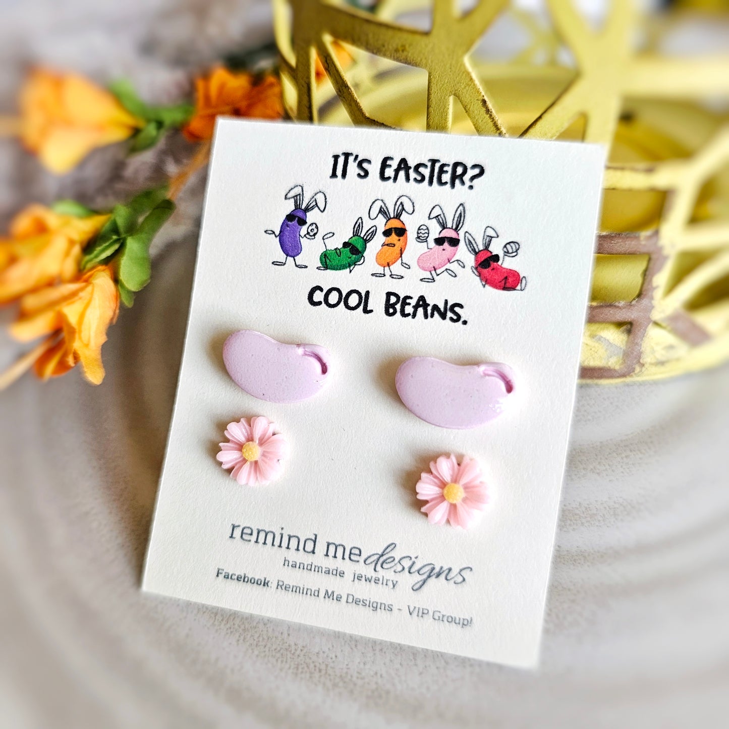 Pink Daisy Flowers and Light Pink Jellybeans Clay Stud Earrings Set