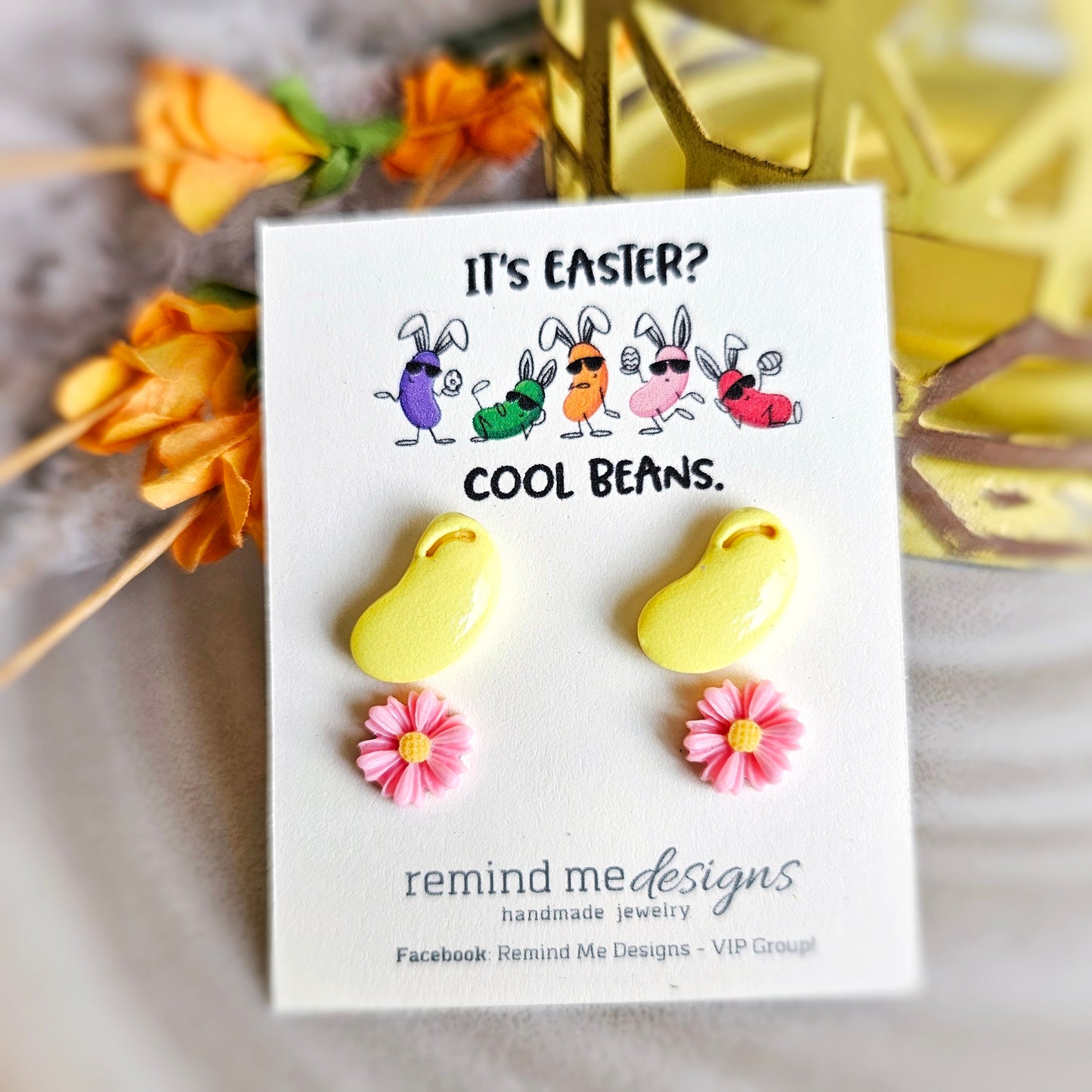 Pink Daisy Flower and Yellow Jellybeans Clay Stud Earrings Set