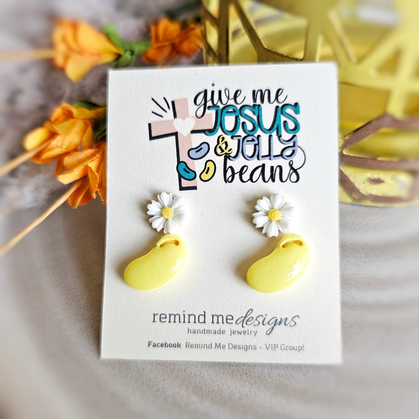 Daisy Flower and Yellow Jellybeans Clay Stud Earrings Set