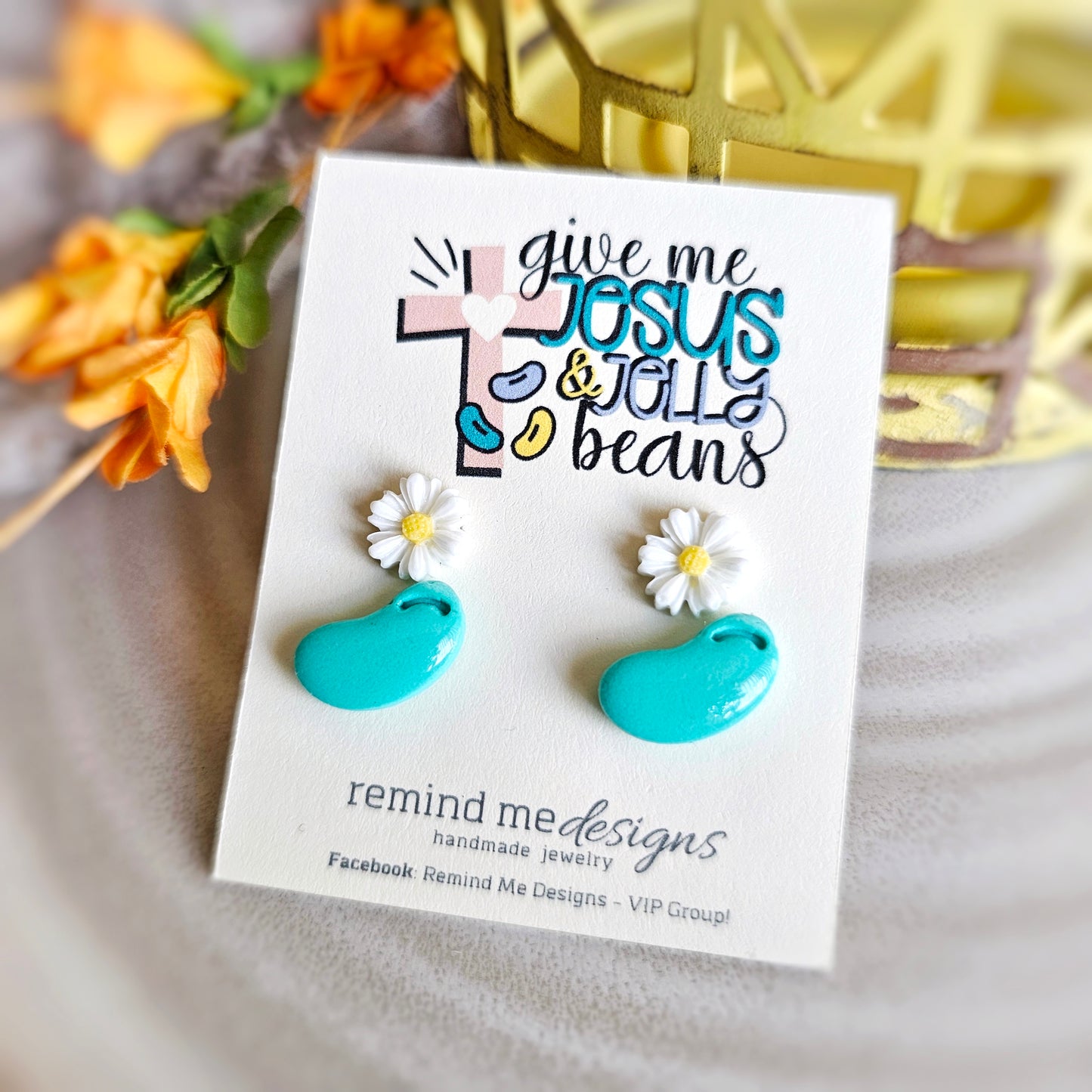 Daisy Flowers and Turquoise Jellybeans Clay Stud Earrings Set