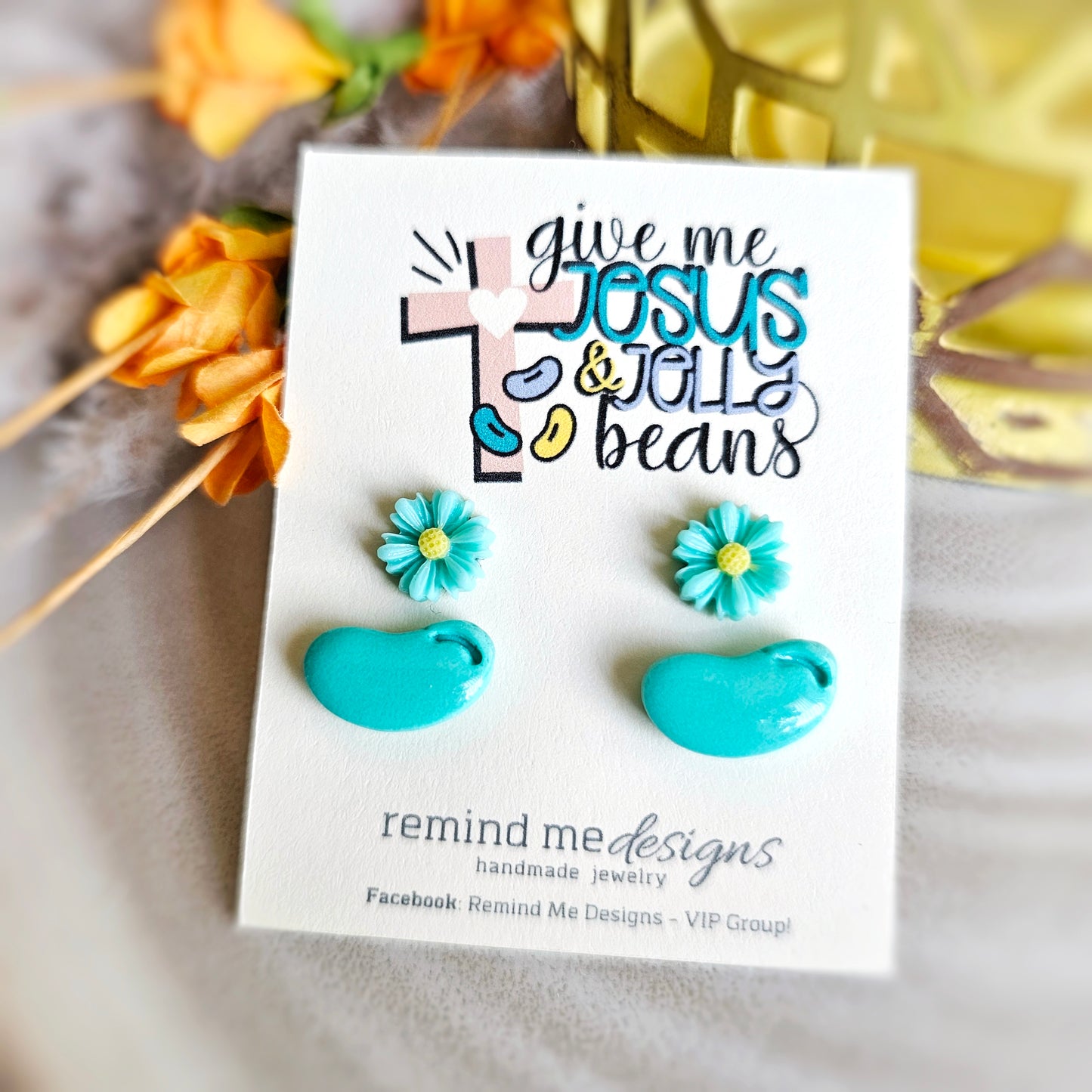 Turquoise Daisy Flowers and Jellybeans Clay Stud Earrings Set
