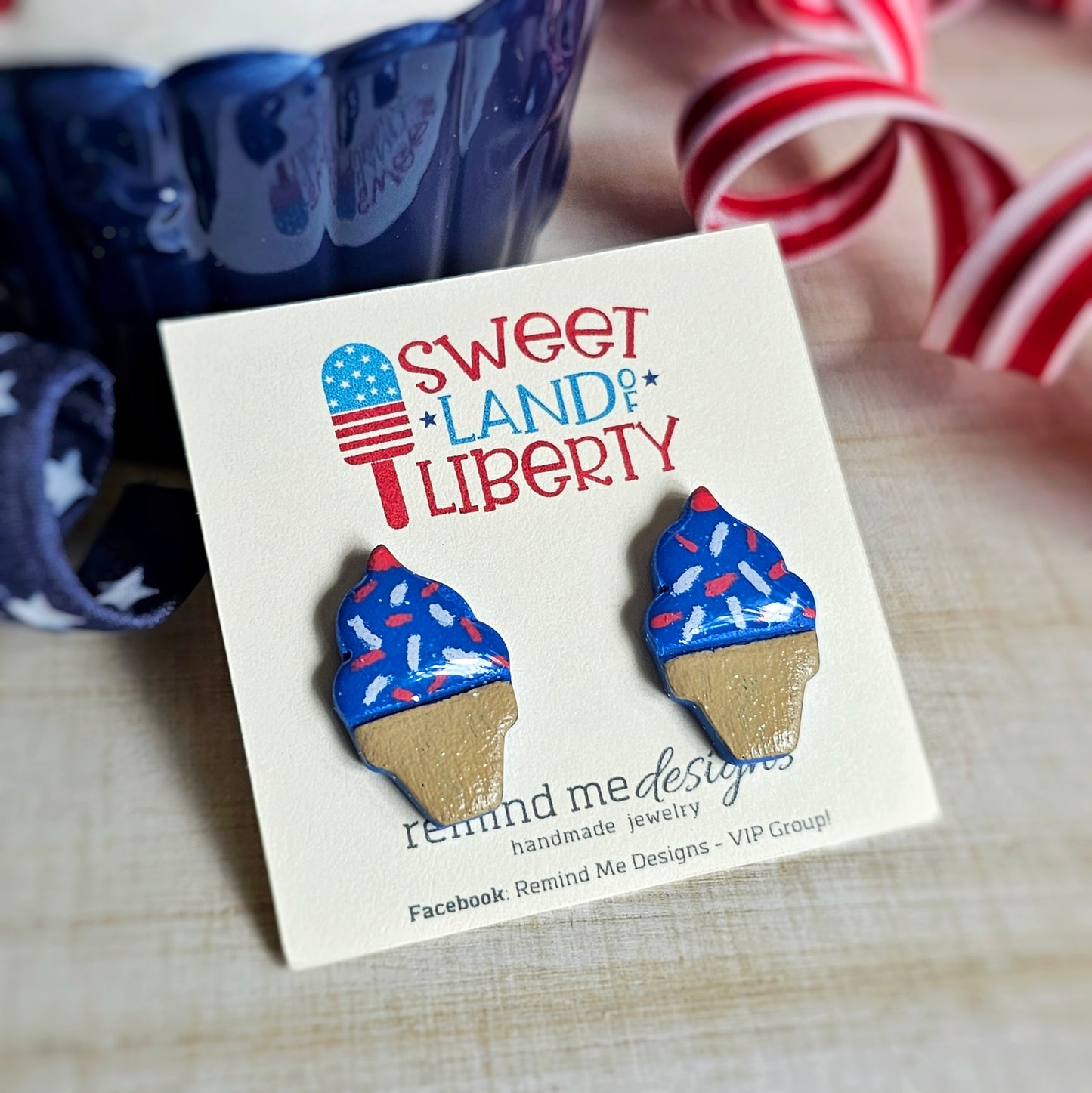 Ice Cream Cone - Red, White and Blue Clay Studs
