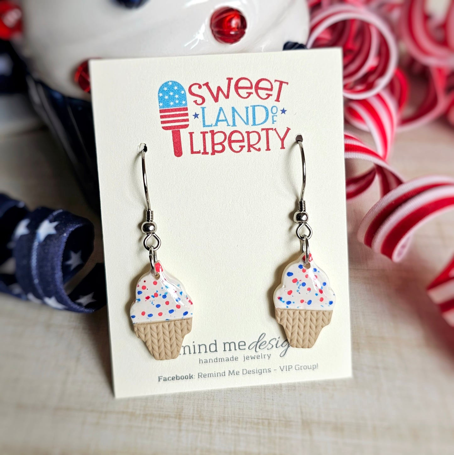 Ice Cream Cone - Red, White and Blue Clay Dangle Earrings