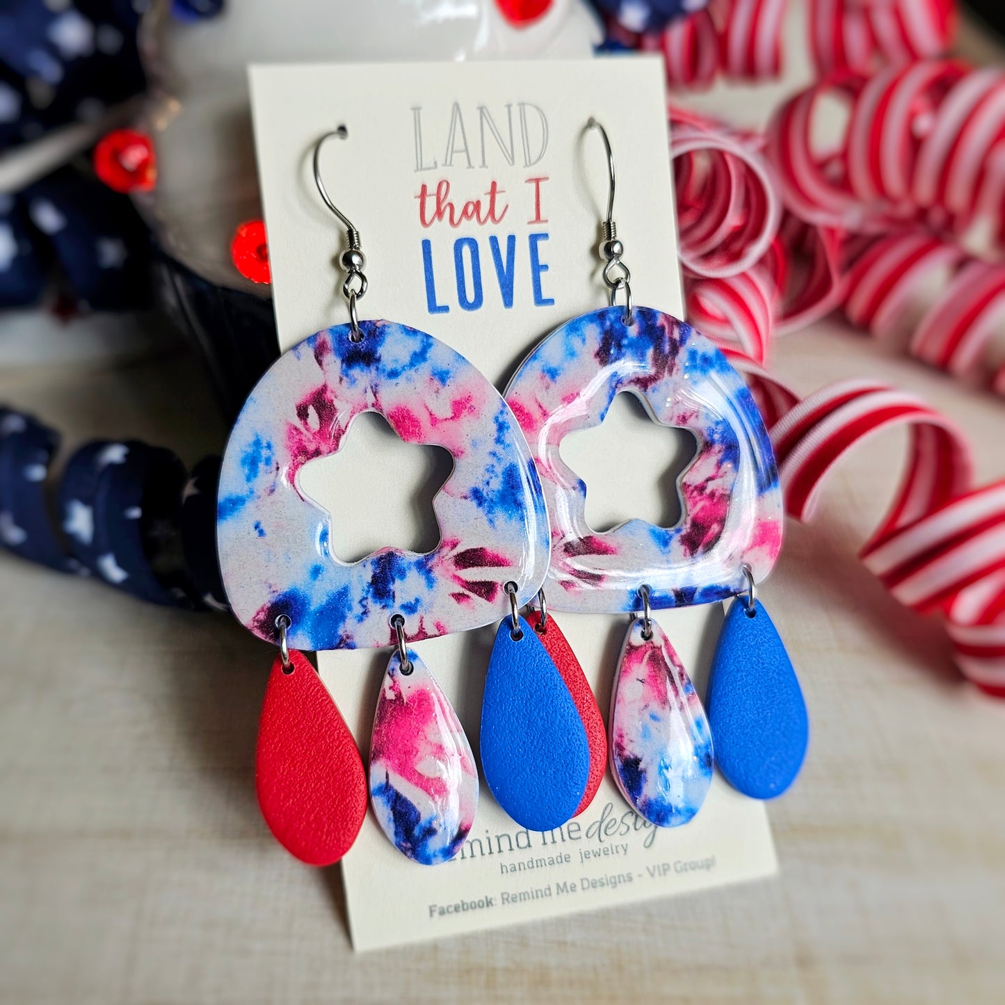 Large Red, White and Blue Tie-Dye Clay Dangle Earrings