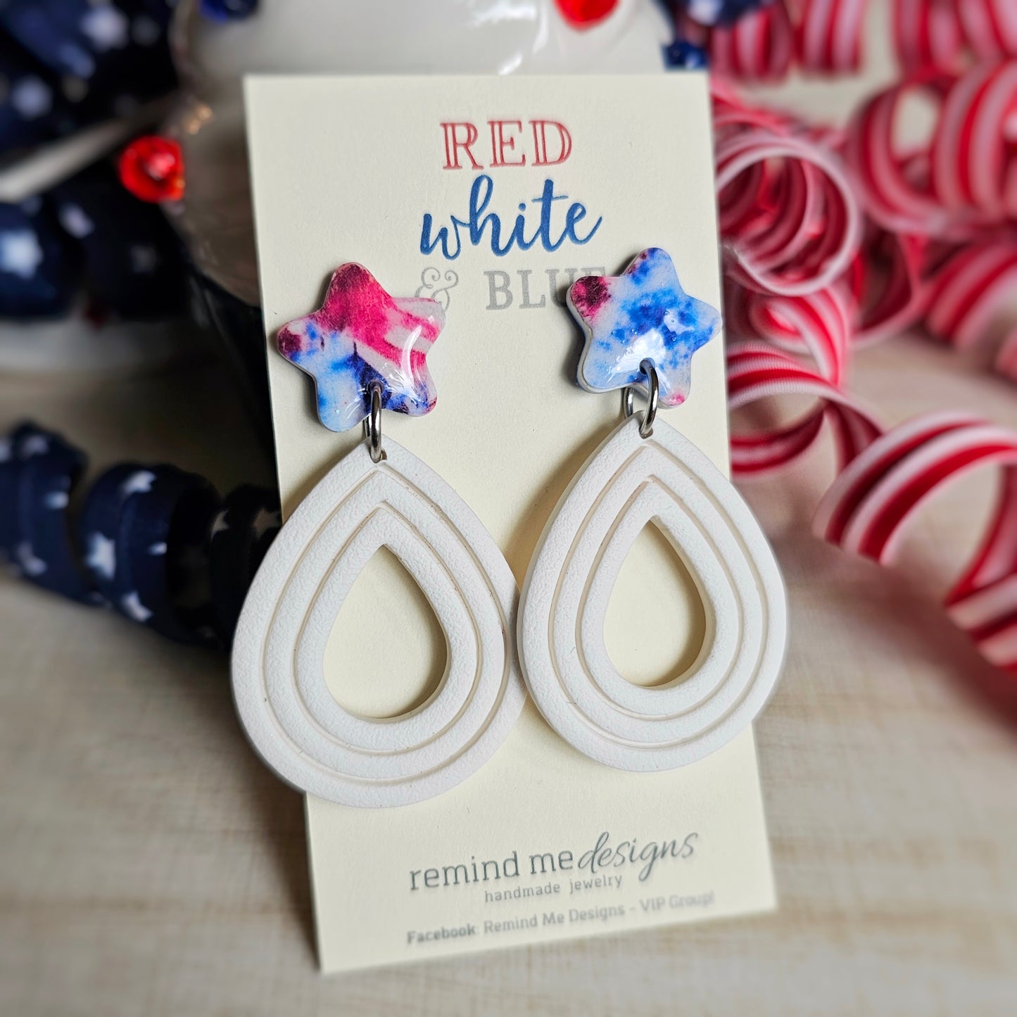 Red, White and Blue Tie-Dye Clay Dangle Earrings