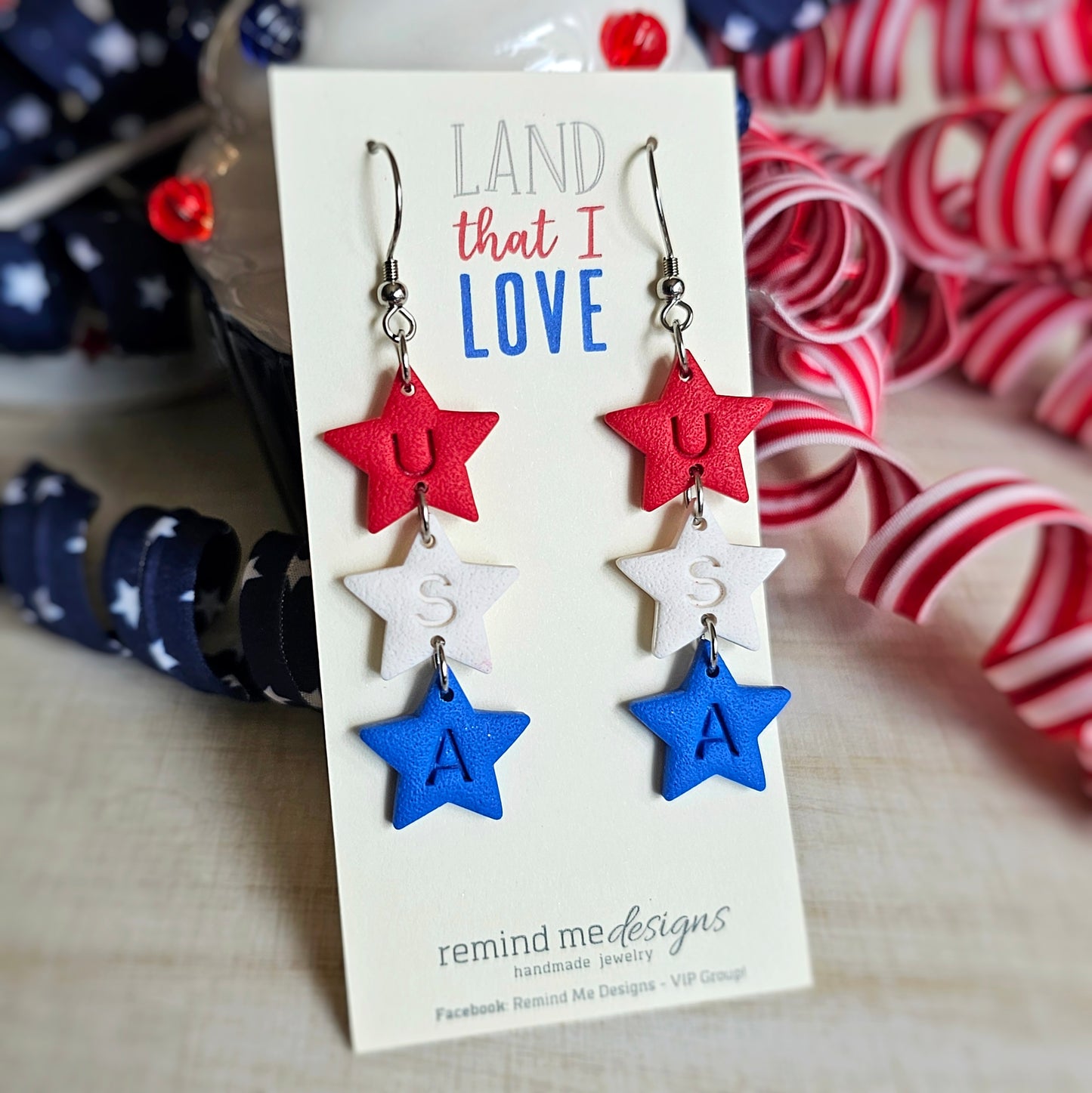 USA Stars, Red, White and Blue Clay Dangle Earrings