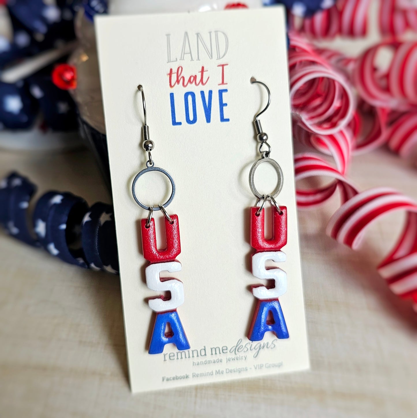 USA Red, White and Blue Clay Dangle Earrings