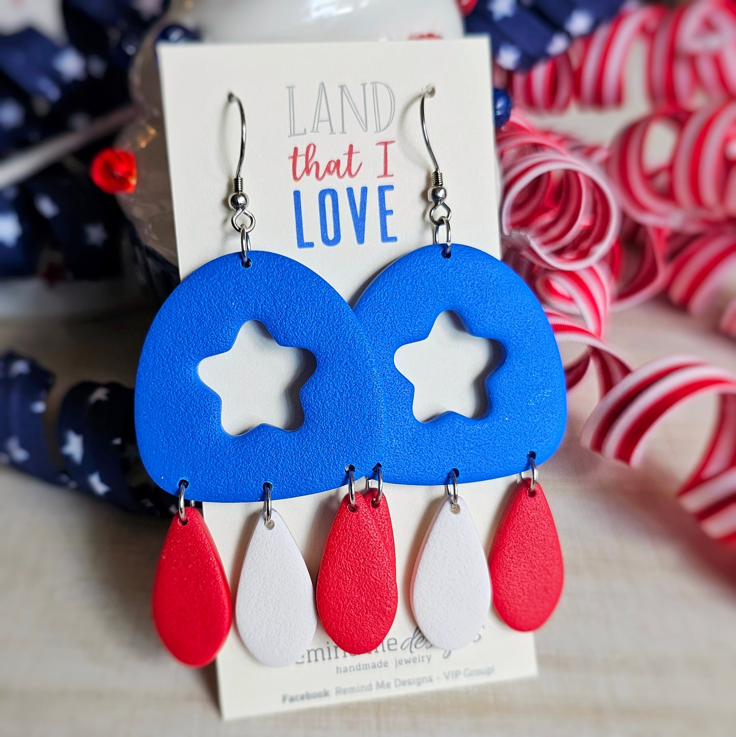 Large Red, White and Blue Star Clay Dangle Earrings