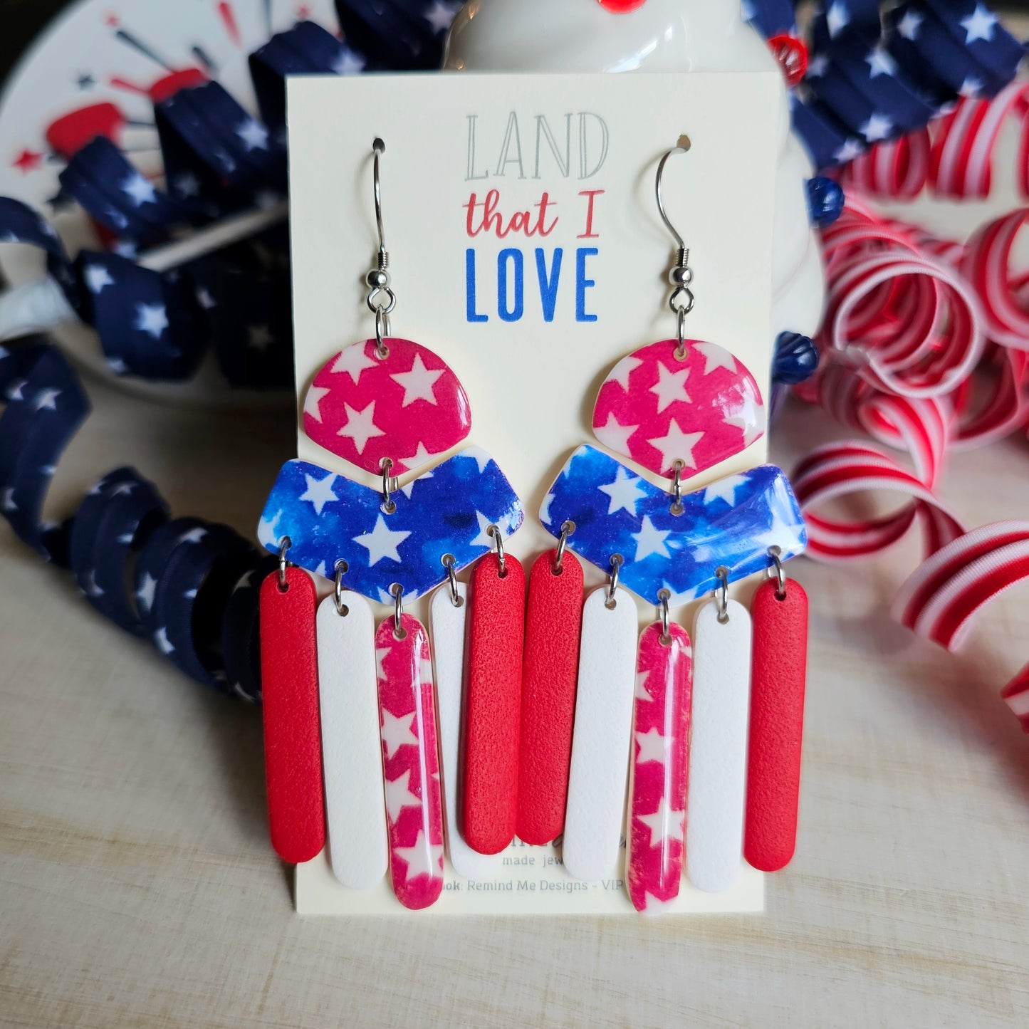 Red, White and Blue Stars Clay Dangle Earrings