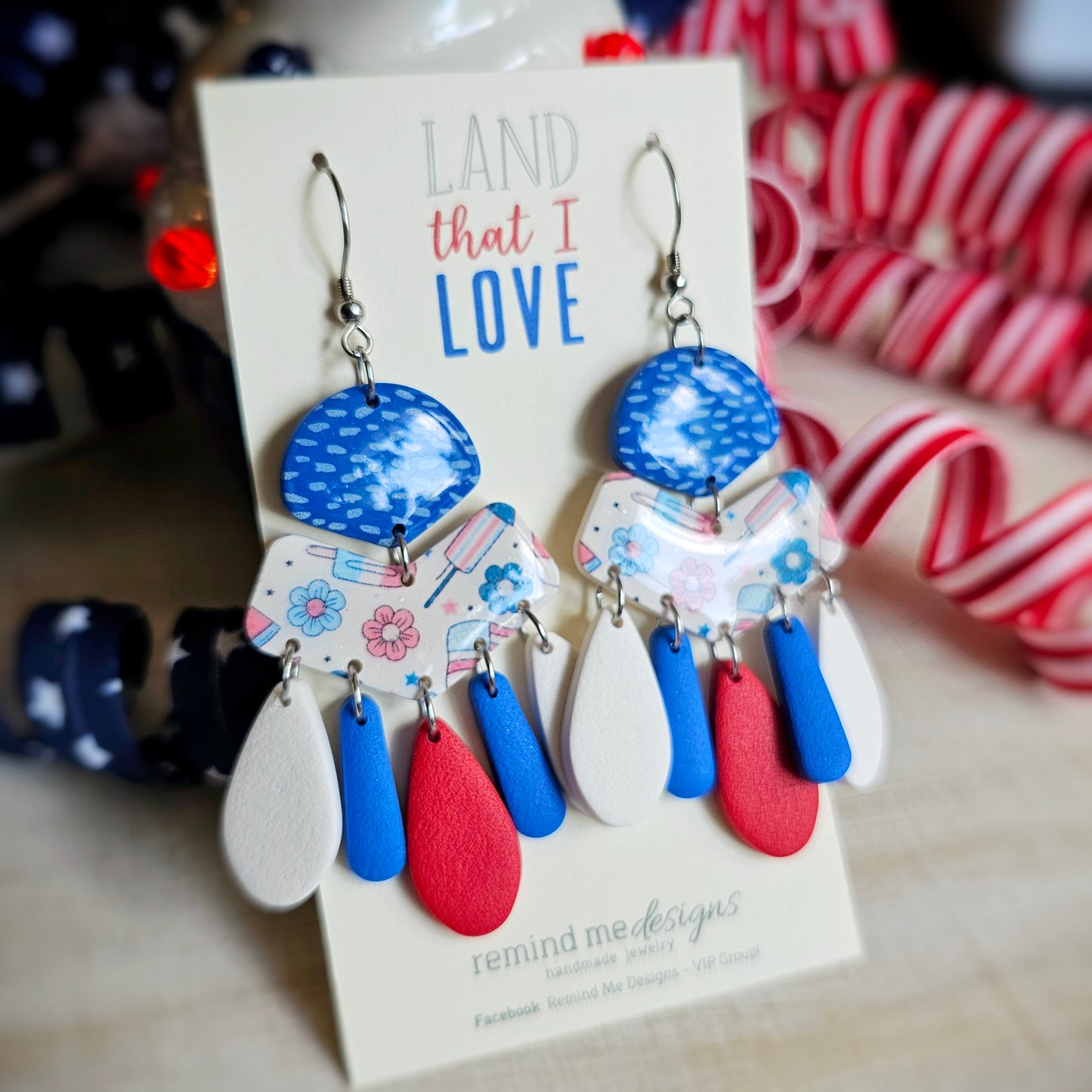 Red, White and Blue Clay Dangle Earrings