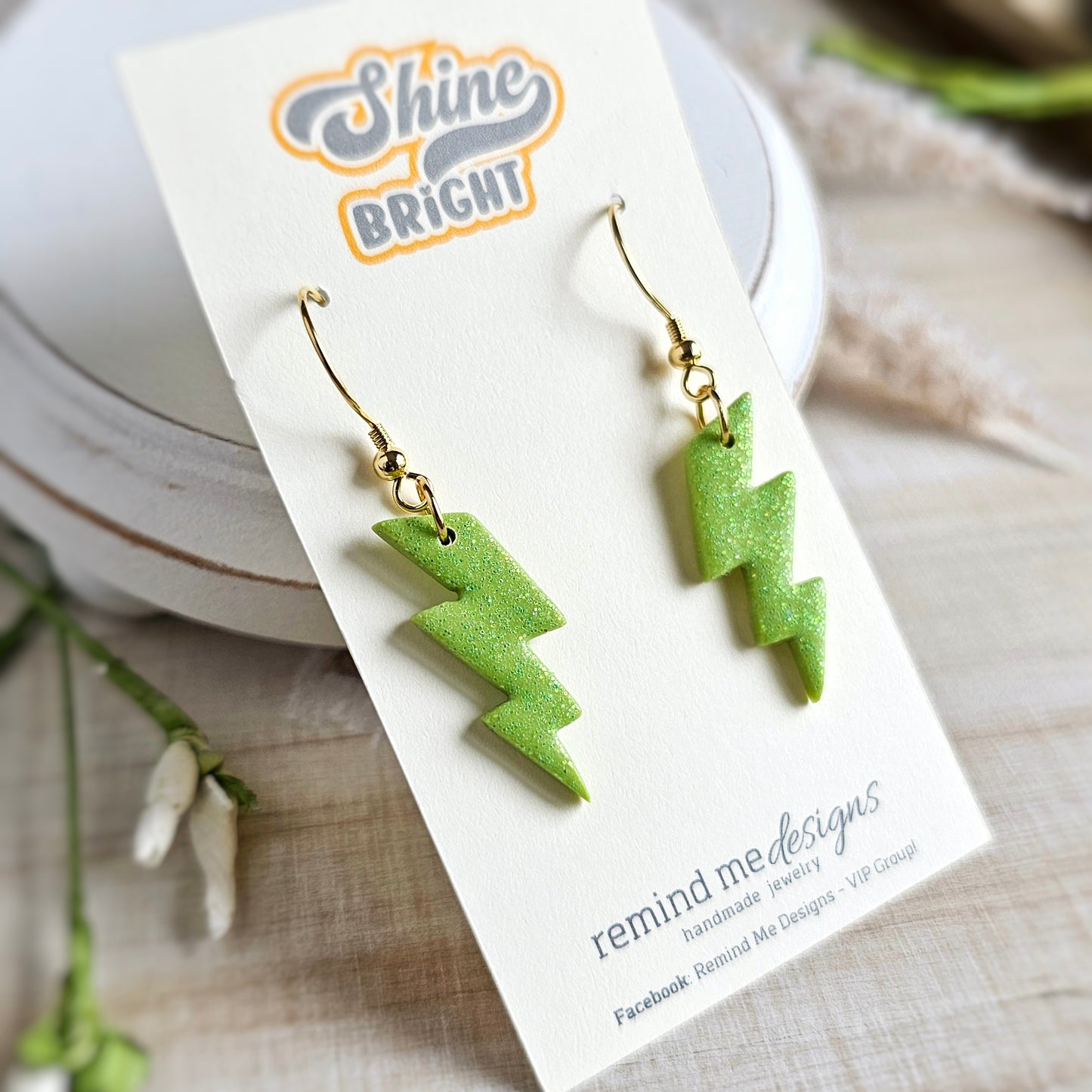 Bright Green Glitter Lightning Bolt Dangles