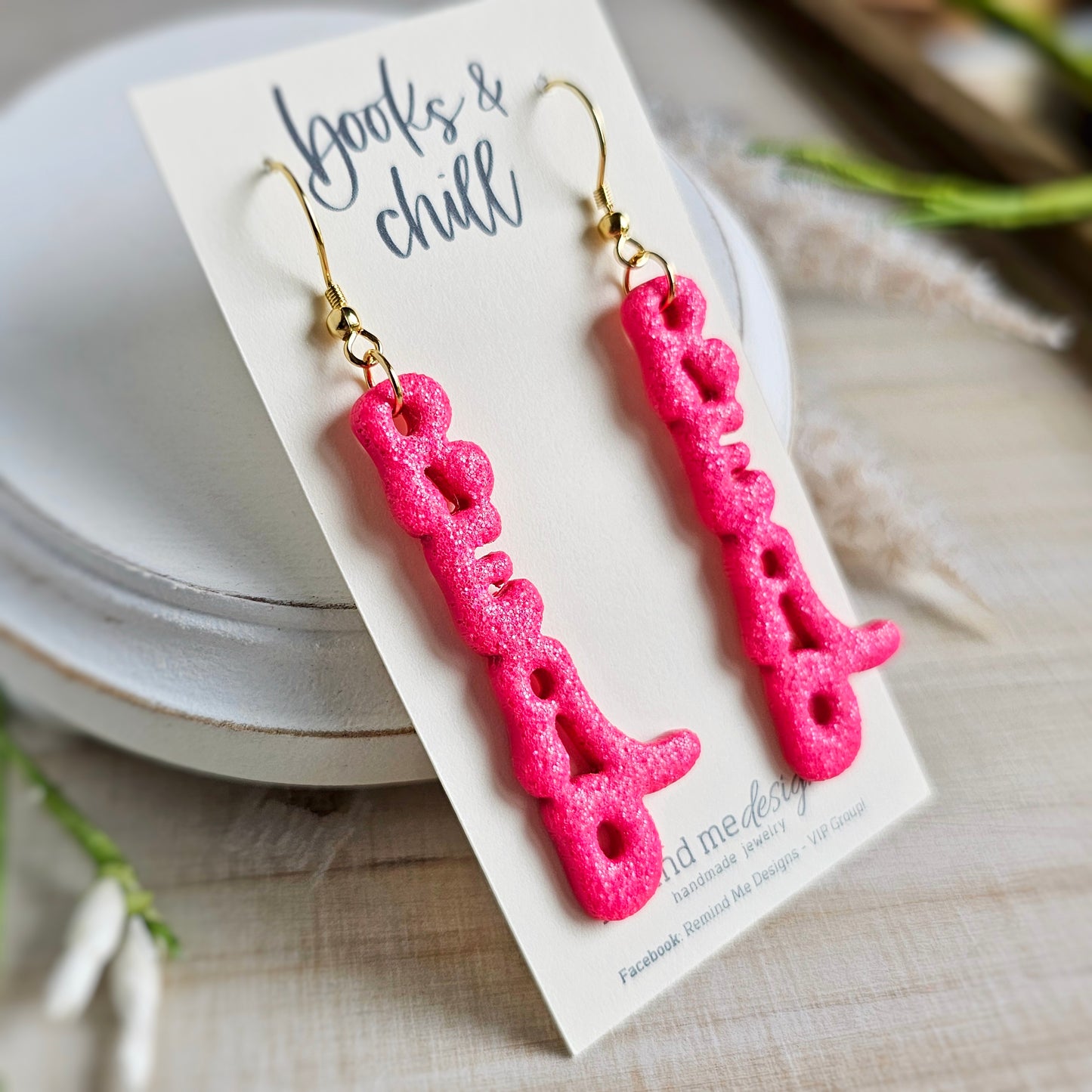 Hot Pink Glitter "READ" Clay Dangle Earrings