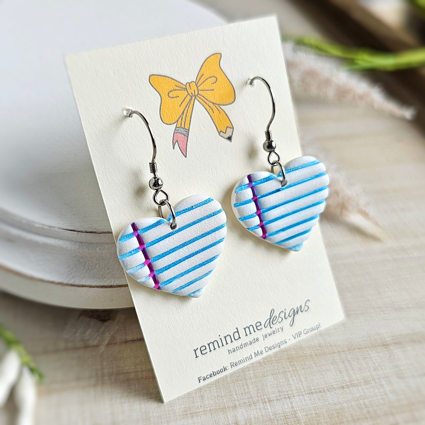 White and Blue Heart Notebook Clay Dangles