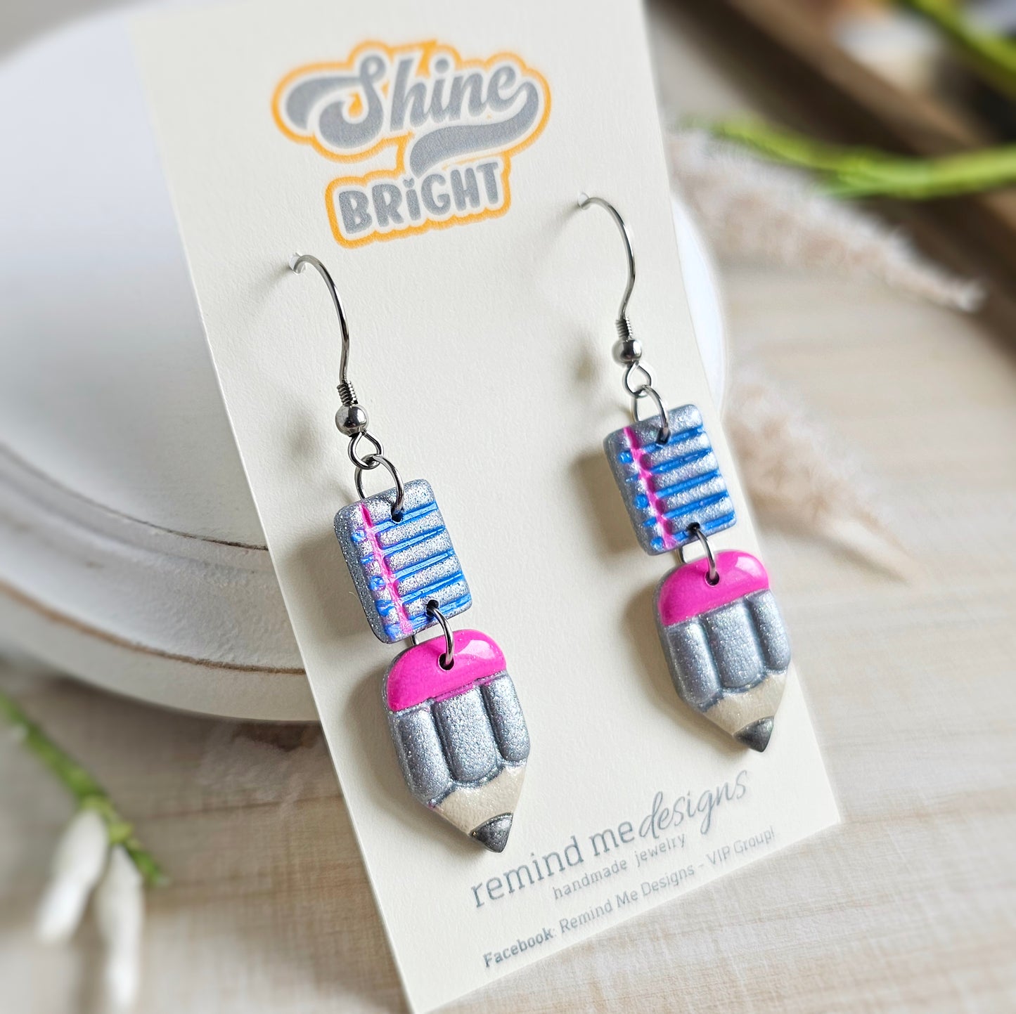 Silver Notebook & Pencil Clay Dangles