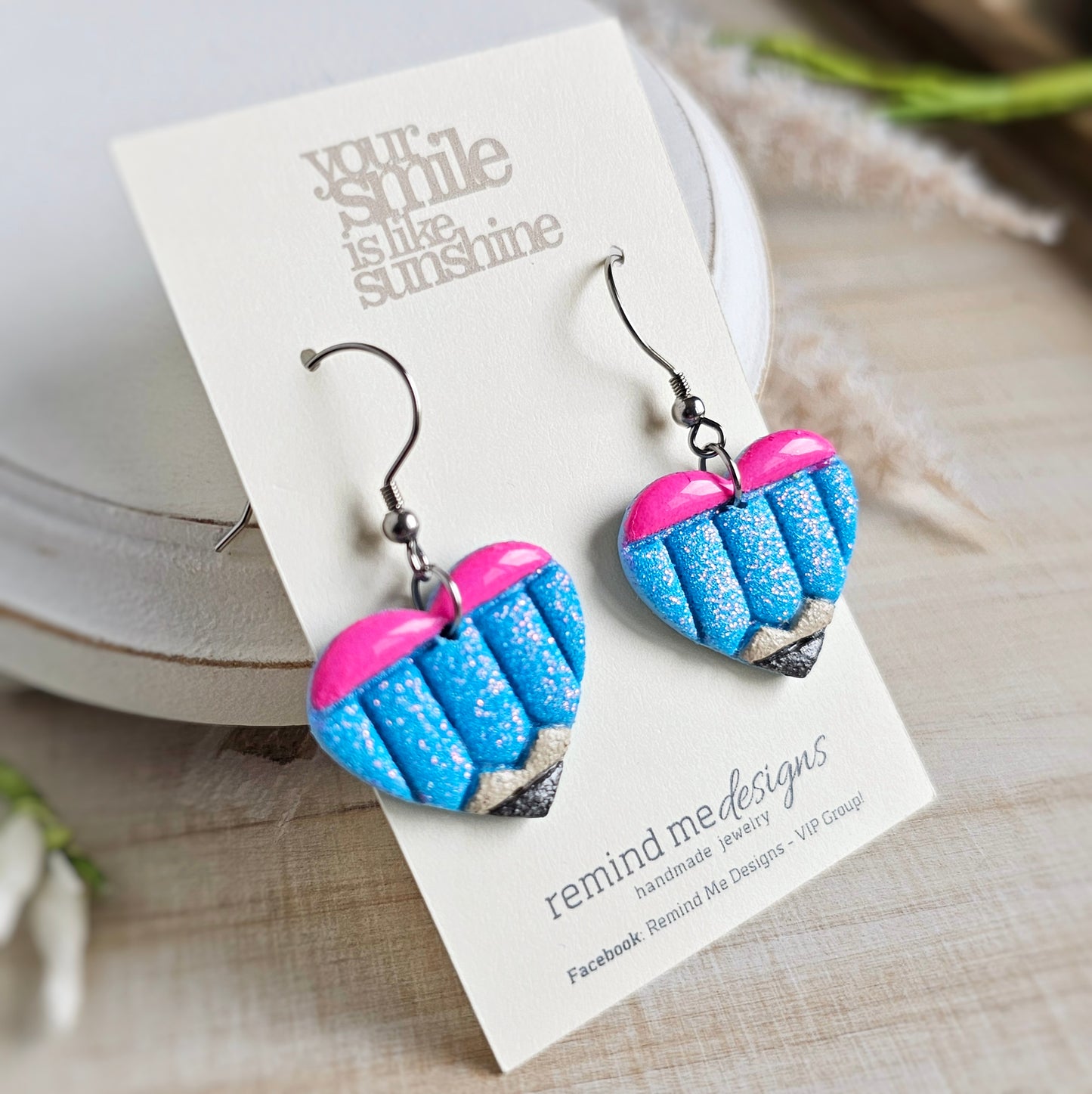 Blue Cotton Candy Glitter Heart Pencil Clay Dangle Earrings