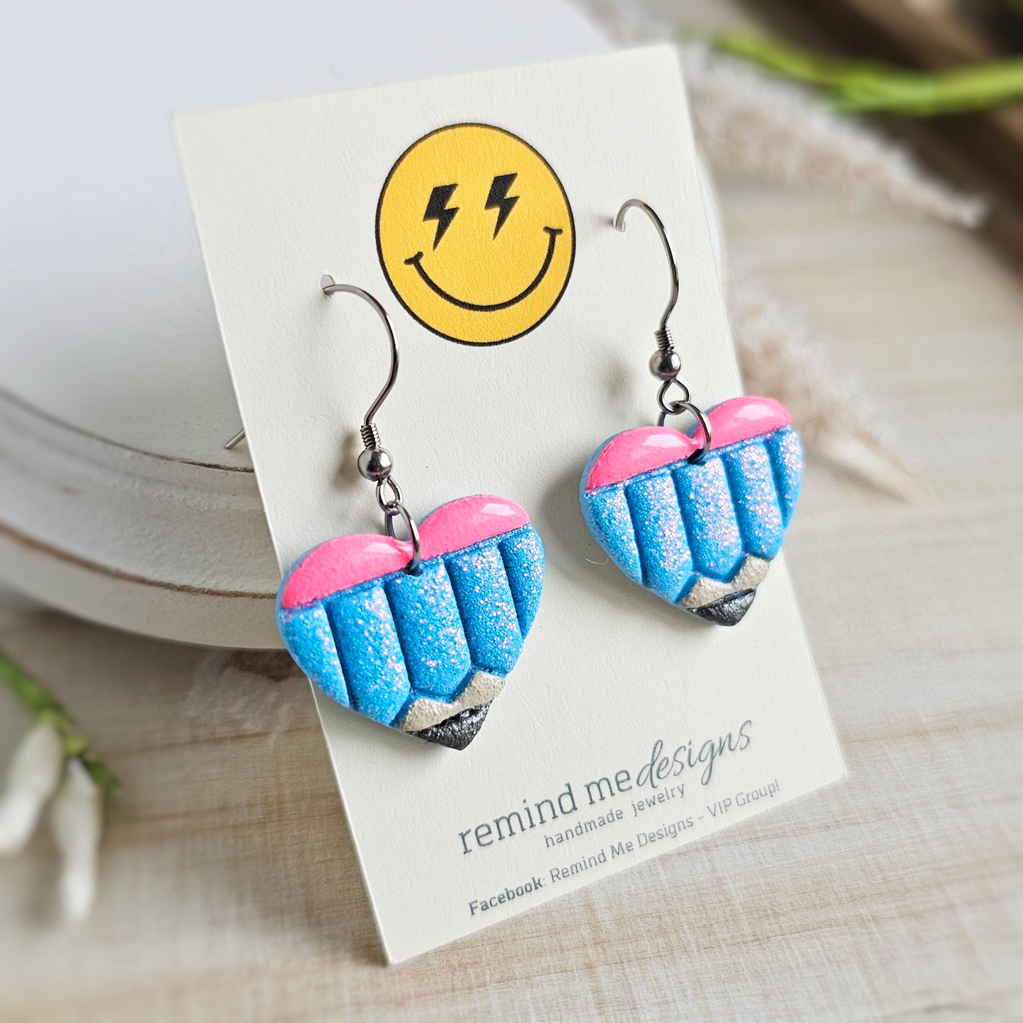 Blue Cotton Candy Glitter Heart Pencil Clay Dangle Earrings