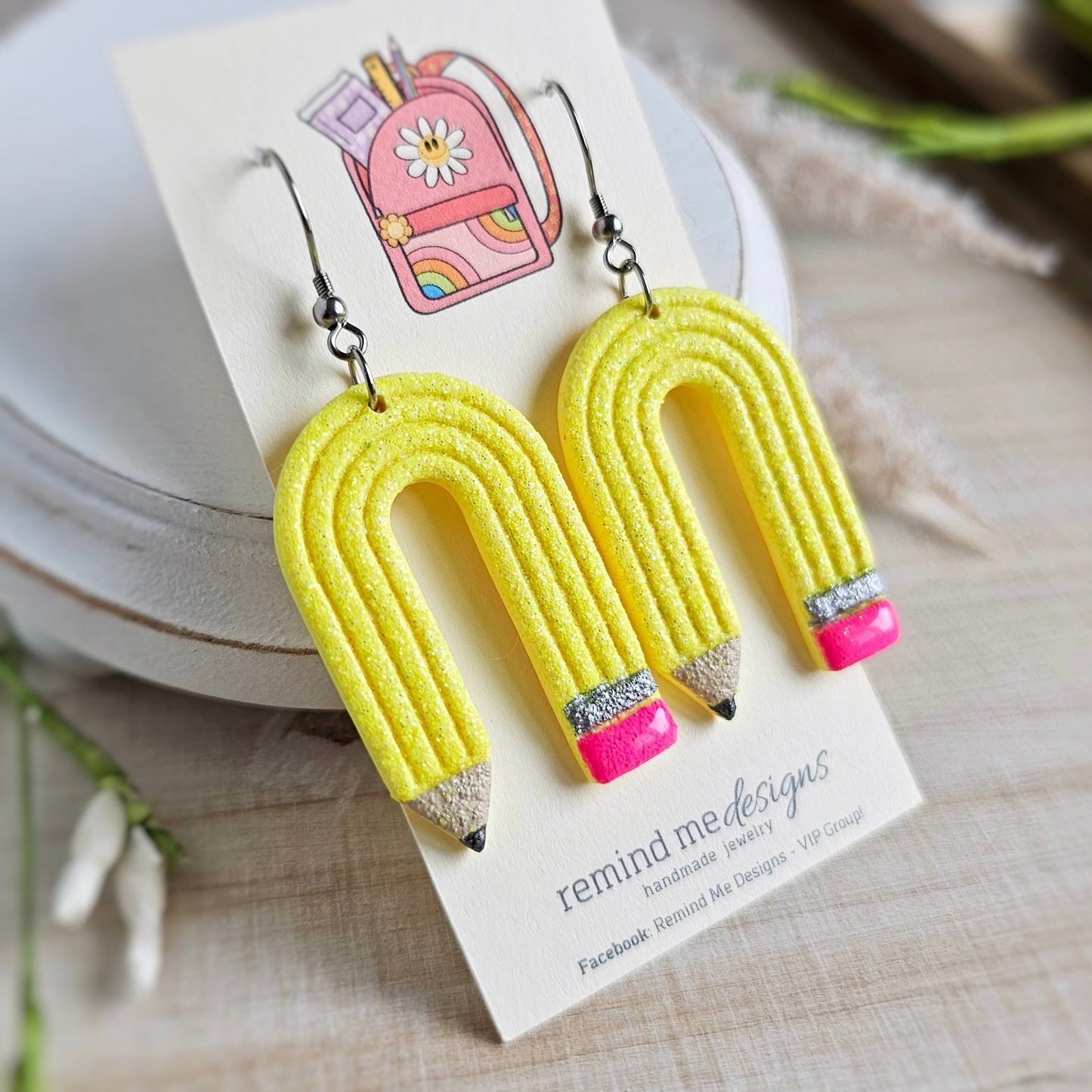 Neon Yellow Glitter Pencil Clay Dangle Earrings