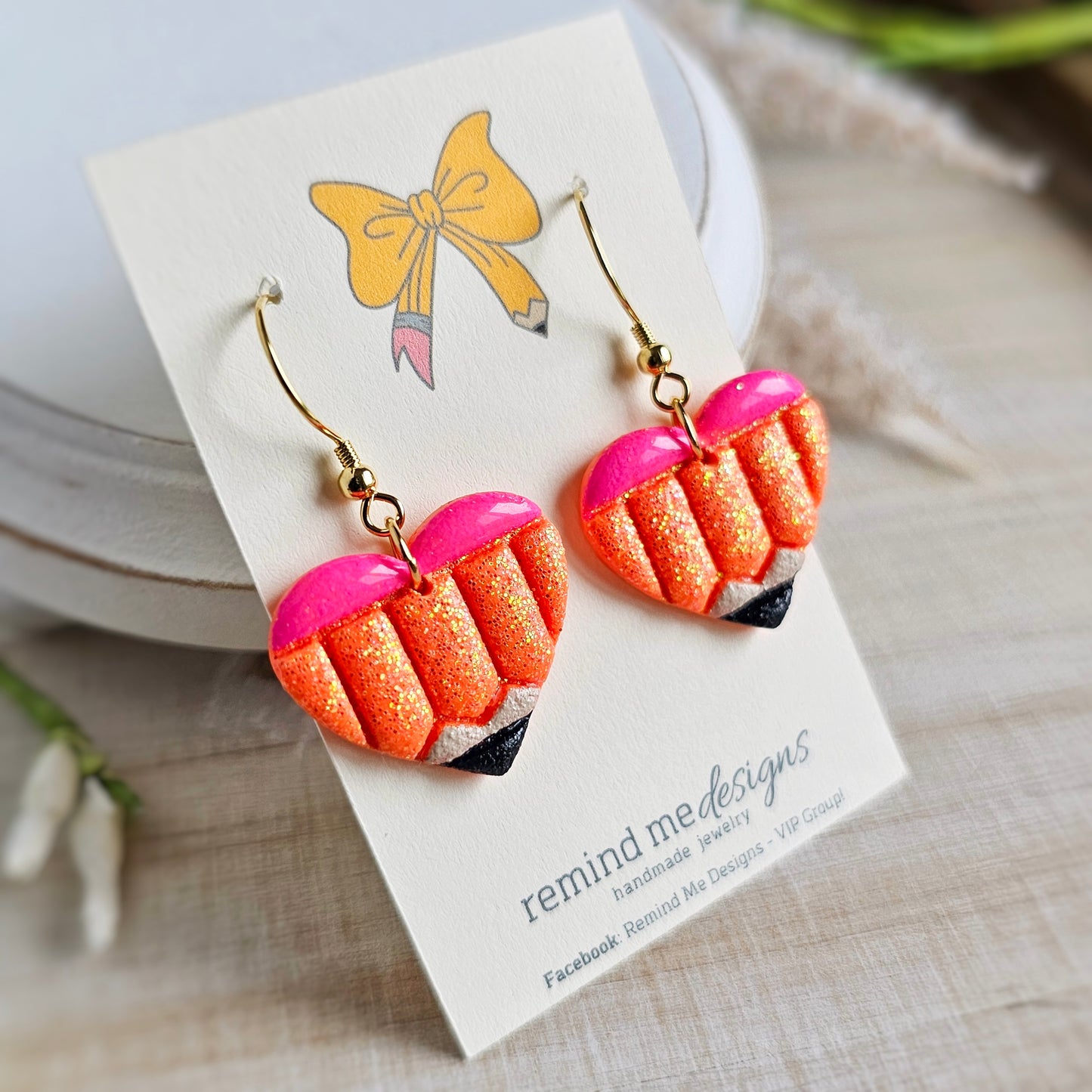Bright Orange Glitter Pencil Clay Dangle Earrings