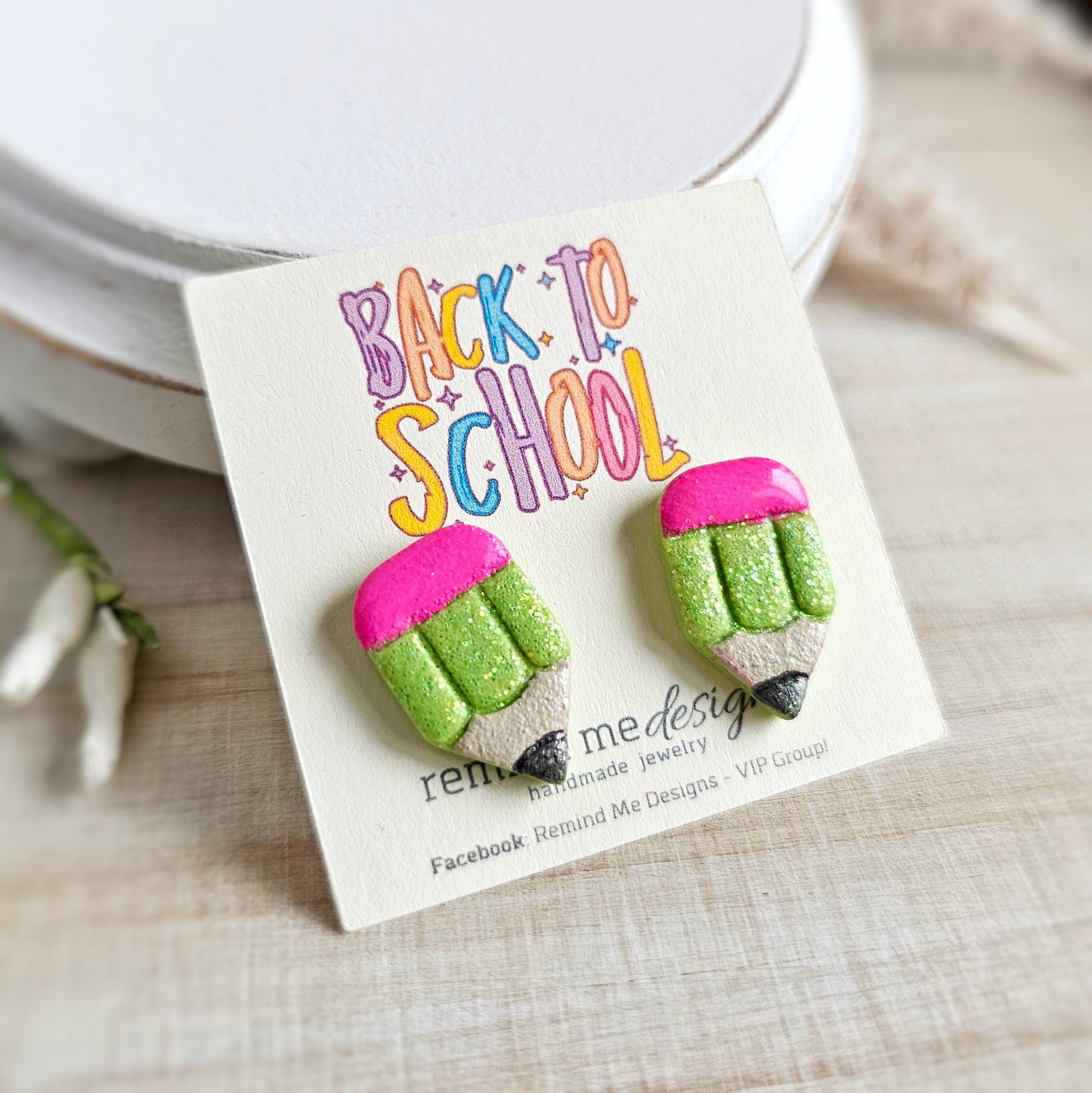 Bright Green Glitter Pencil Clay Stud Earrings