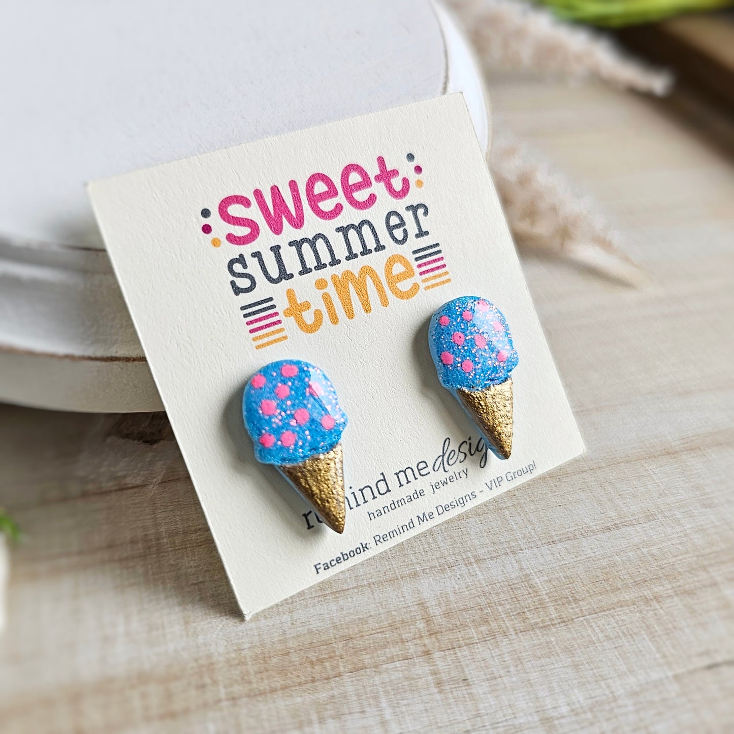 Bright Blue Glitter Ice Cream Cone Studs