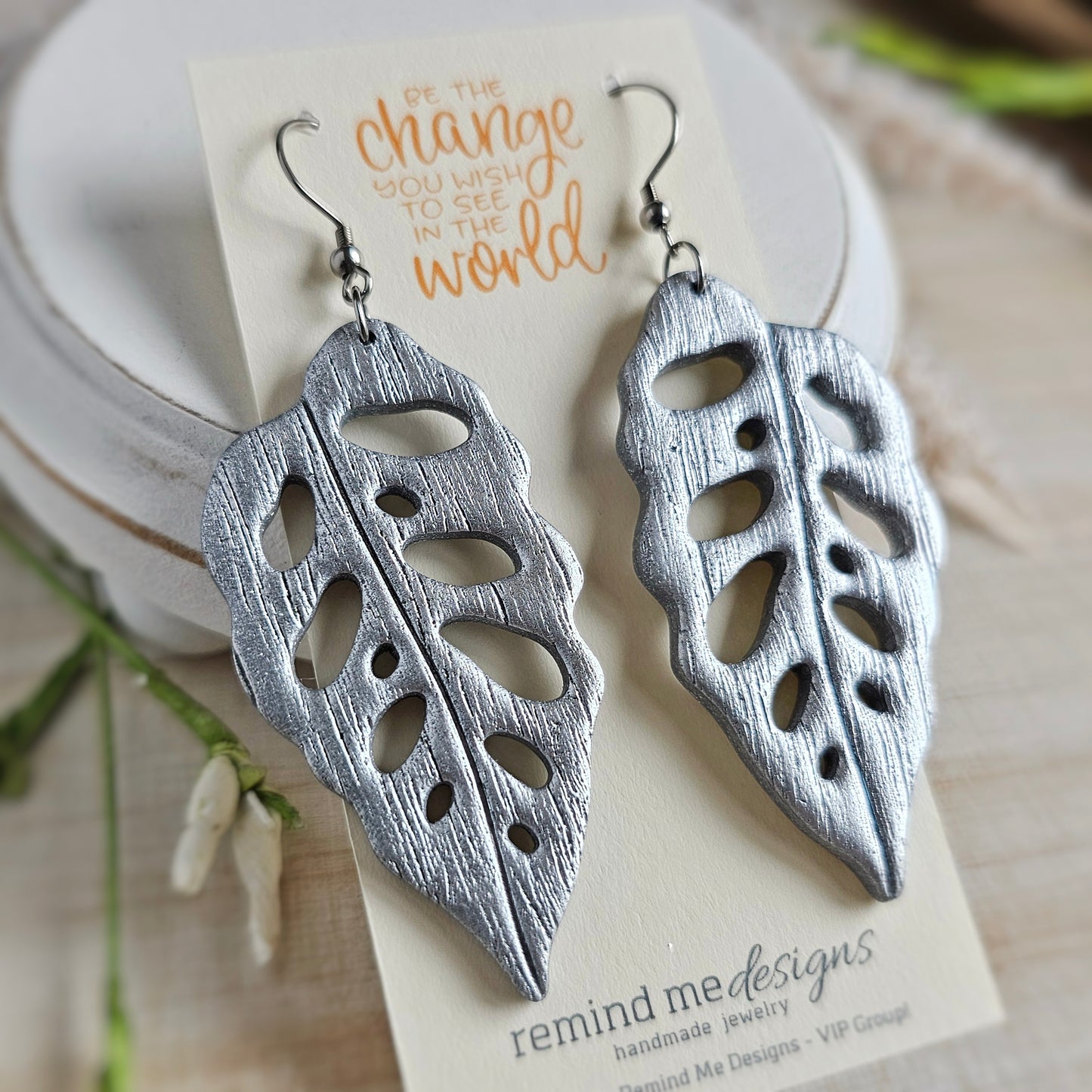 Silver Leaf Polymer Clay Dangle Earrings