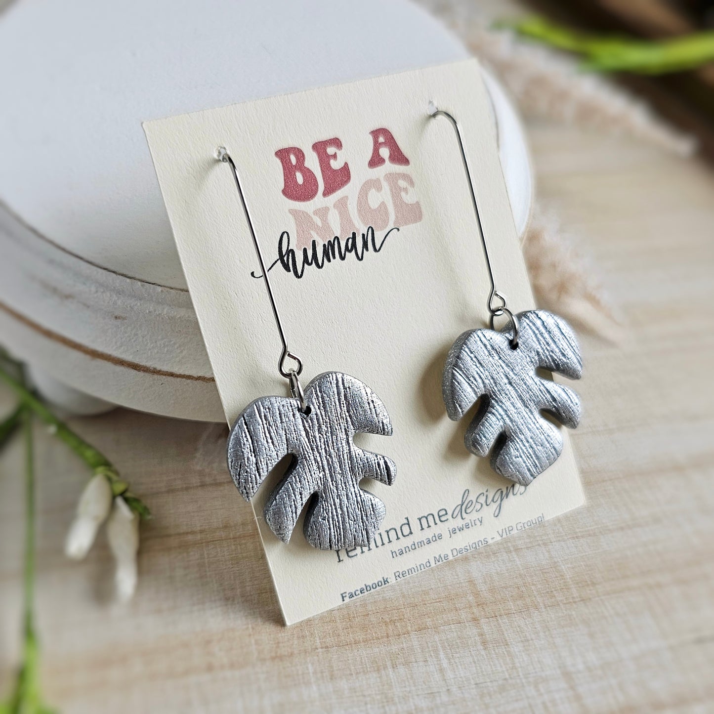 Silver Leaf Polymer Clay Dangle Earrings