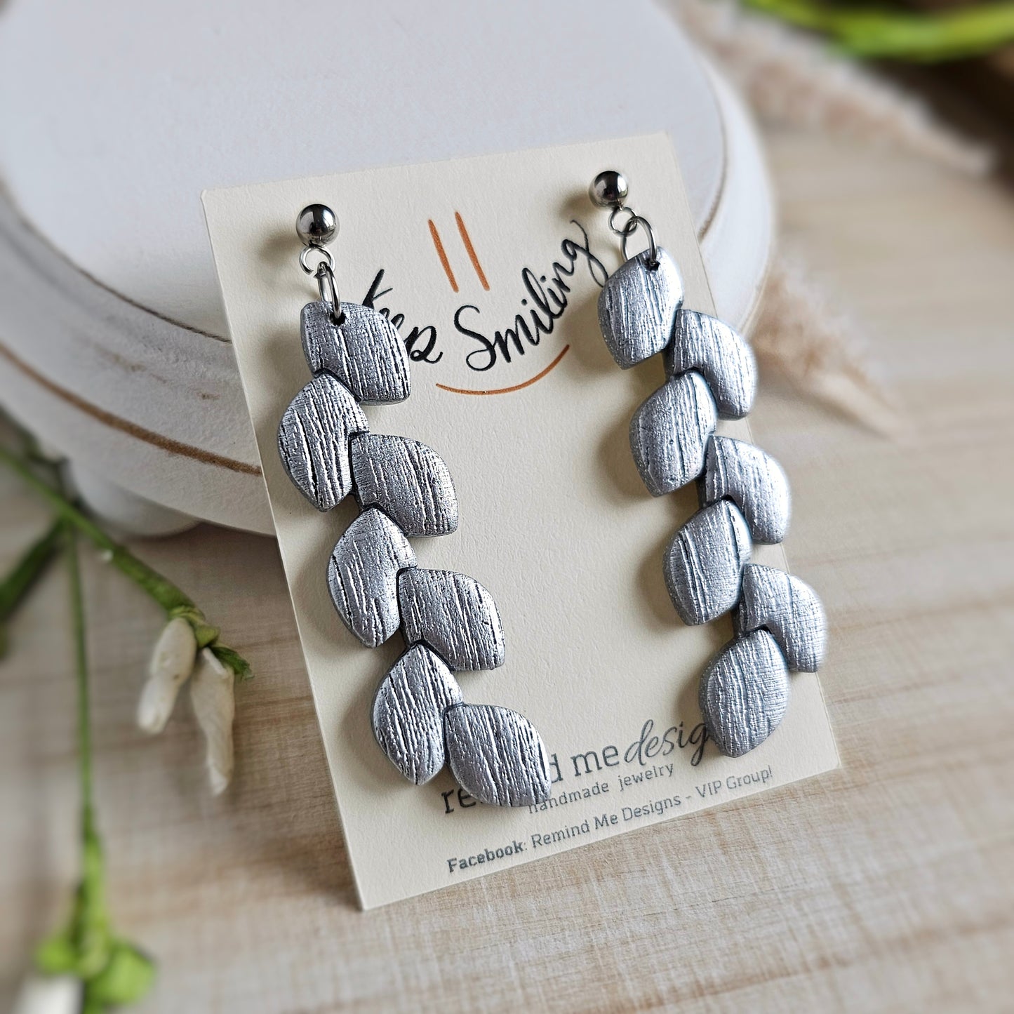 Silver Leaf Polymer Clay Dangle Earrings