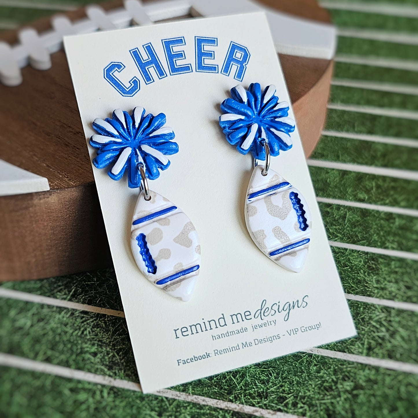 Cheer Blue PomPom and White Football Clay Dangle Earrings