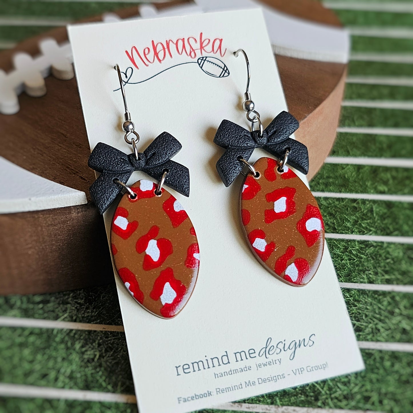 Brown Football with Black Bow Clay Dangle Earrings