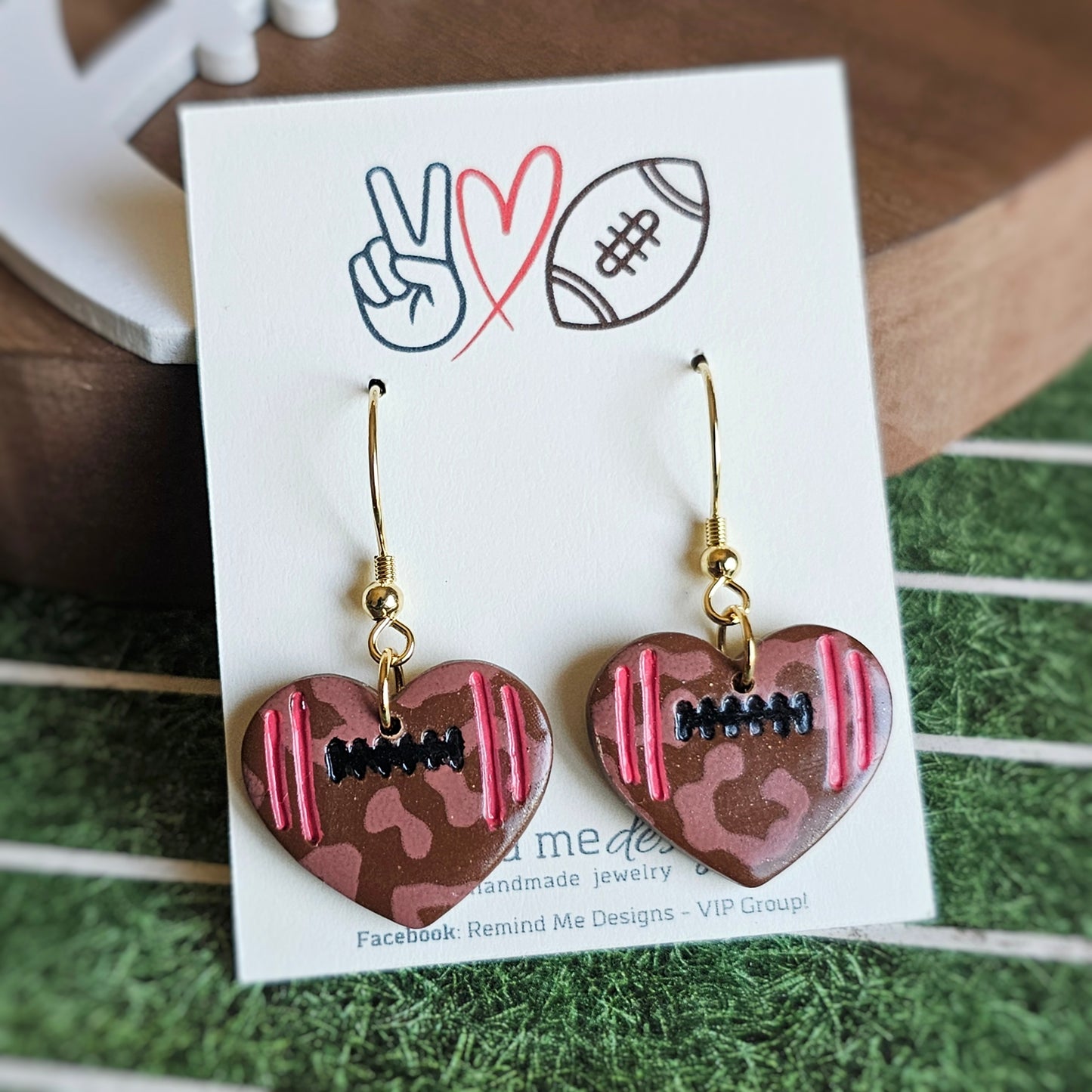 Brown and Red Football Heart Clay Dangle Earrings