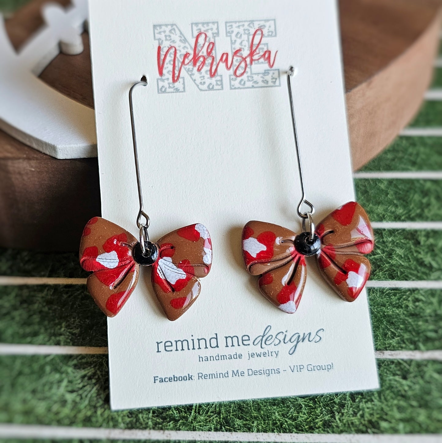 Brown, Red and White Bow Clay Dangle Earrings