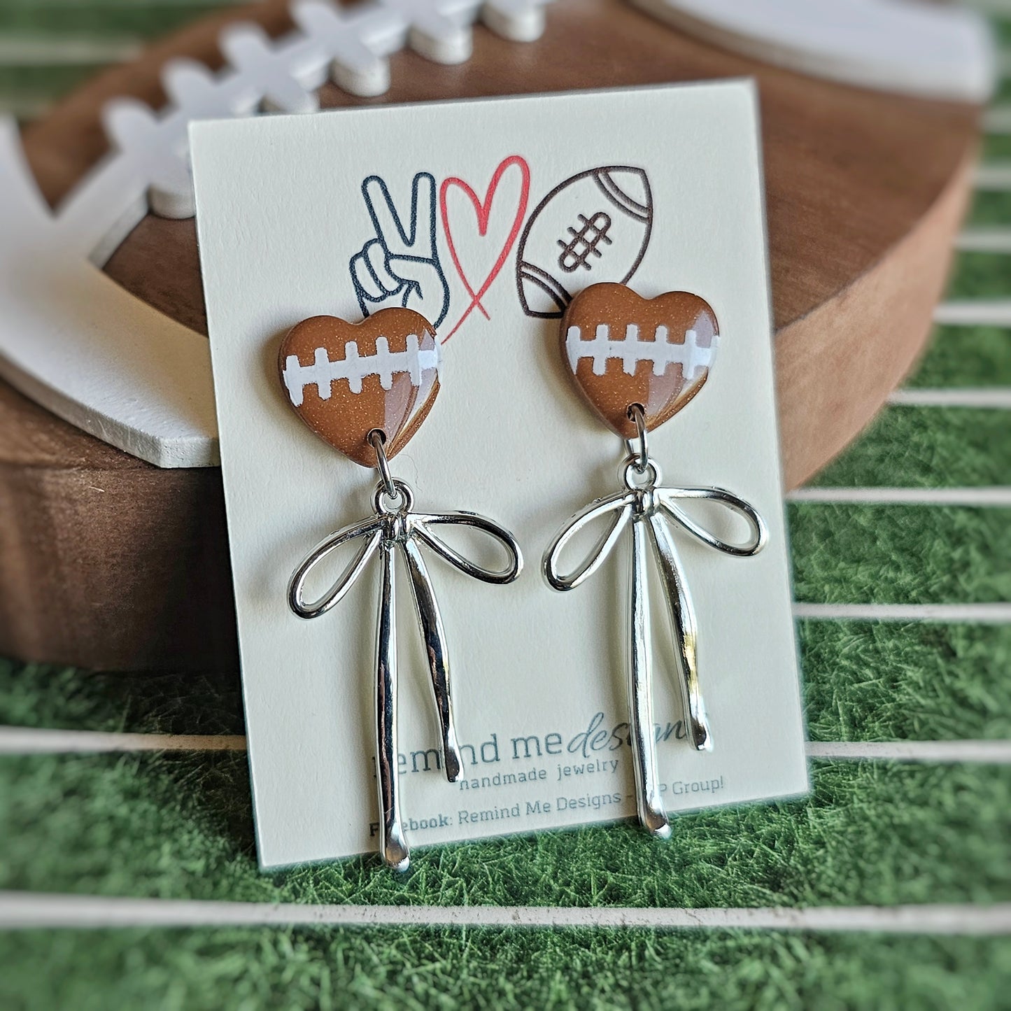 Football Heart and Silver Bow Polymer Clay Dangle Earrings